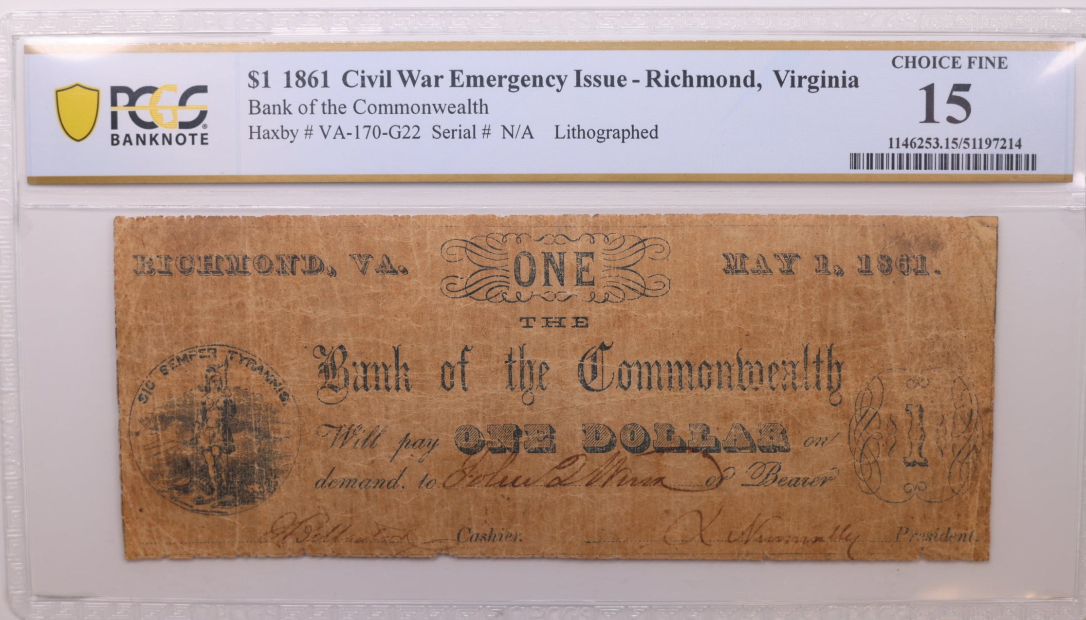 1861 $1, Civil War Issue., Richmond, VA., Obsolete., PCGS F-15., Store #GVA020.