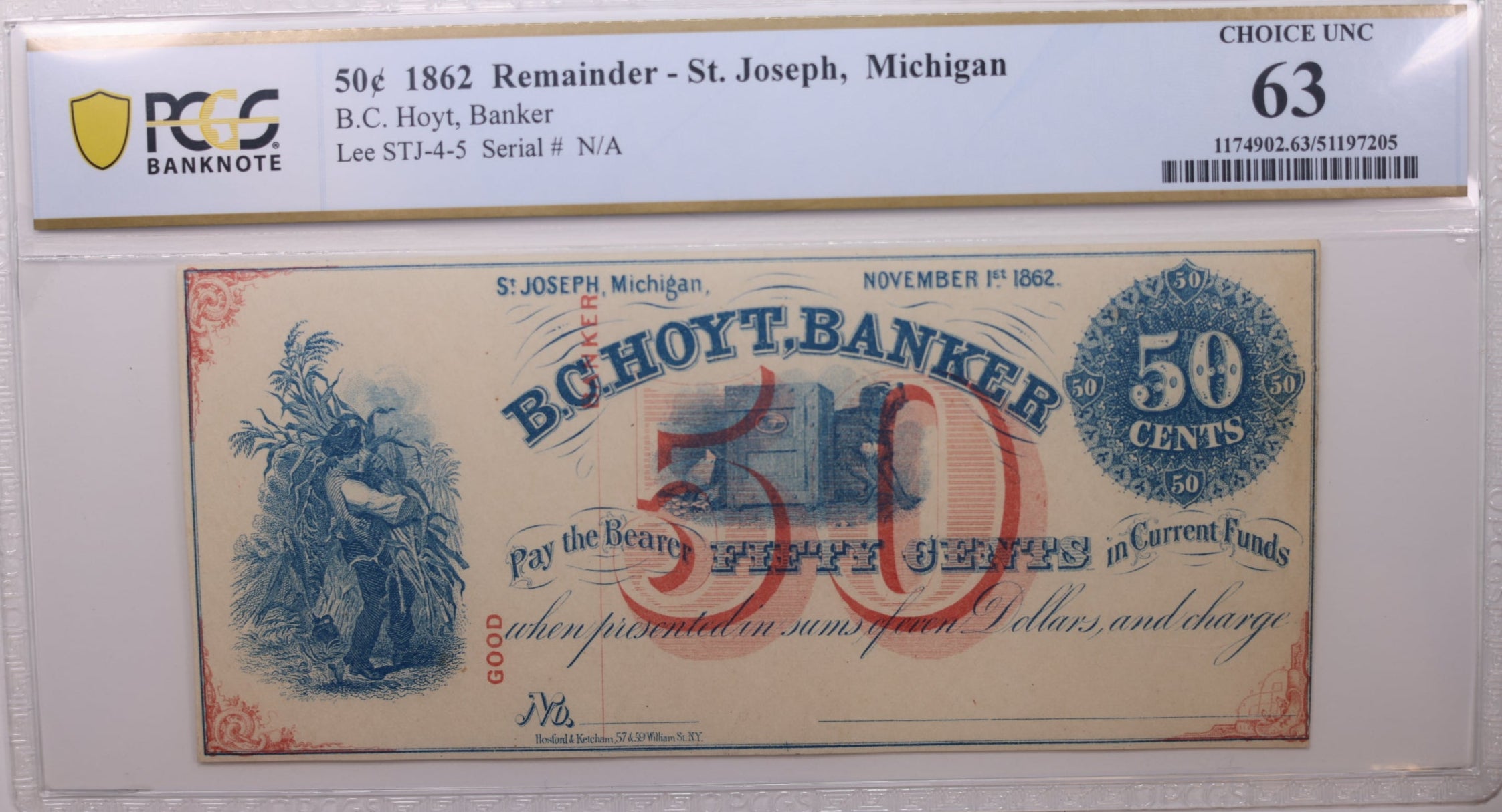 1862 50 Cent, St Joseph, MI., Obsolete Currency., PCGS MS-63., Store #GMI074.