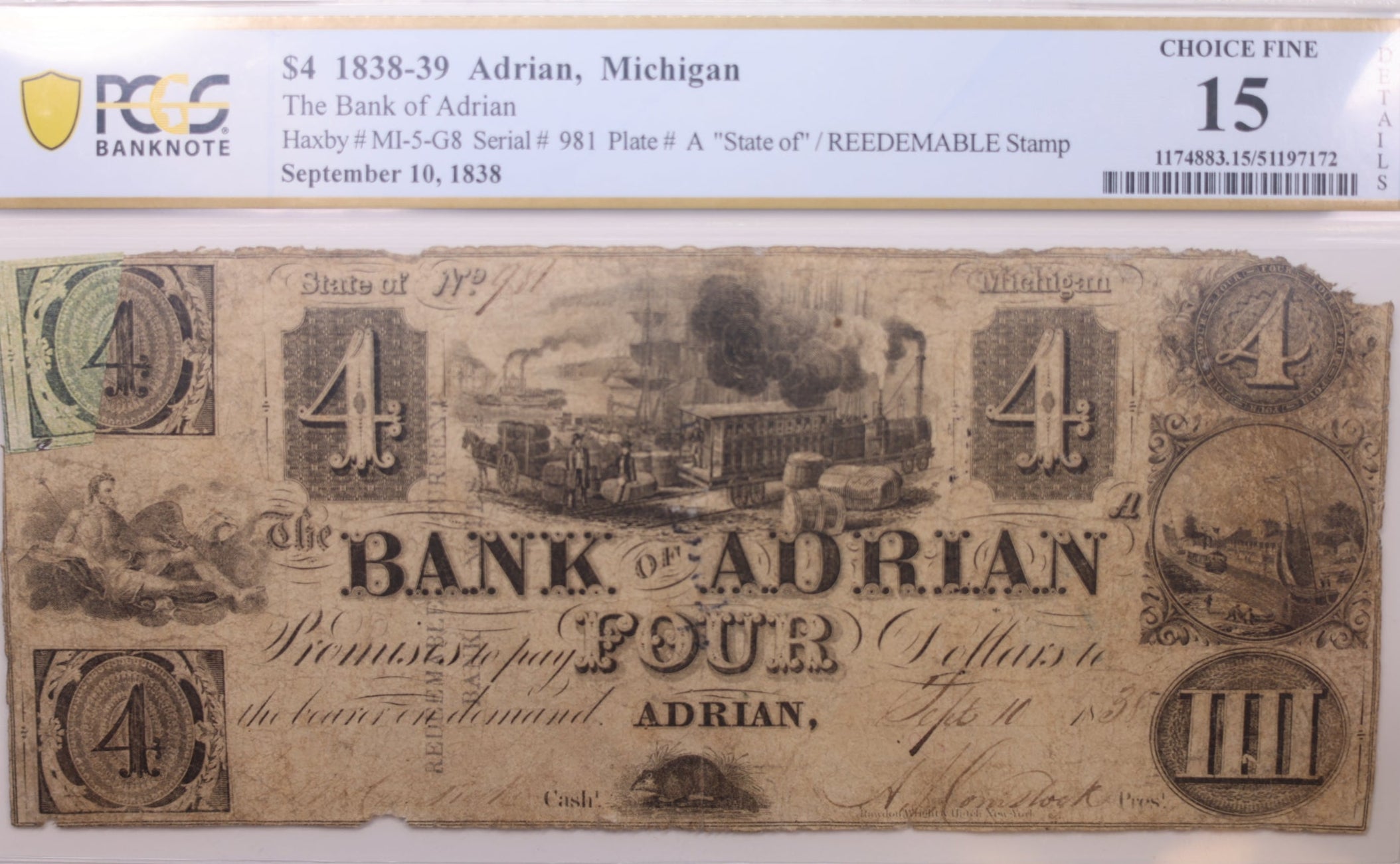 1838 $4, Adrian, Michigan., Obsolete Currency., PCGS F-15., Store #GMI082.