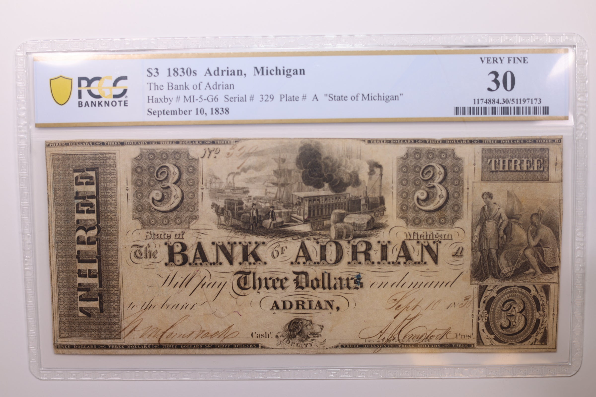 1838 $3, Adrian, Michigan., Obsolete Currency., PCGS VF-30., Store #GMI083.