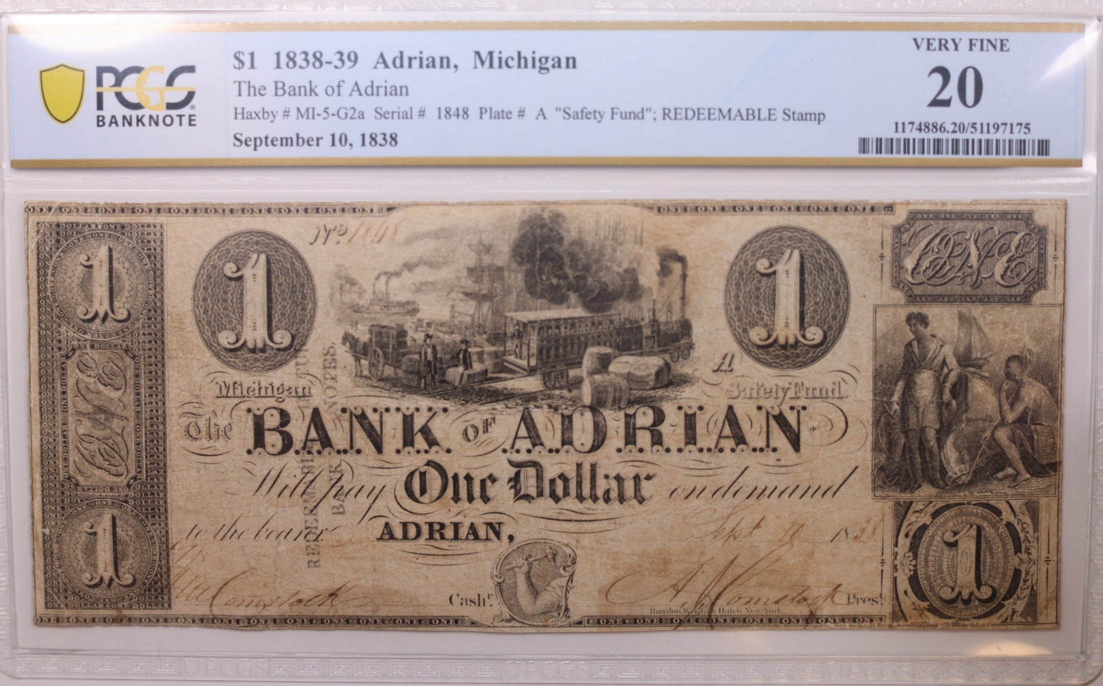 1838 $1, Adrian, Michigan., Obsolete Currency., PCGS VF-20., Store #GMI085.