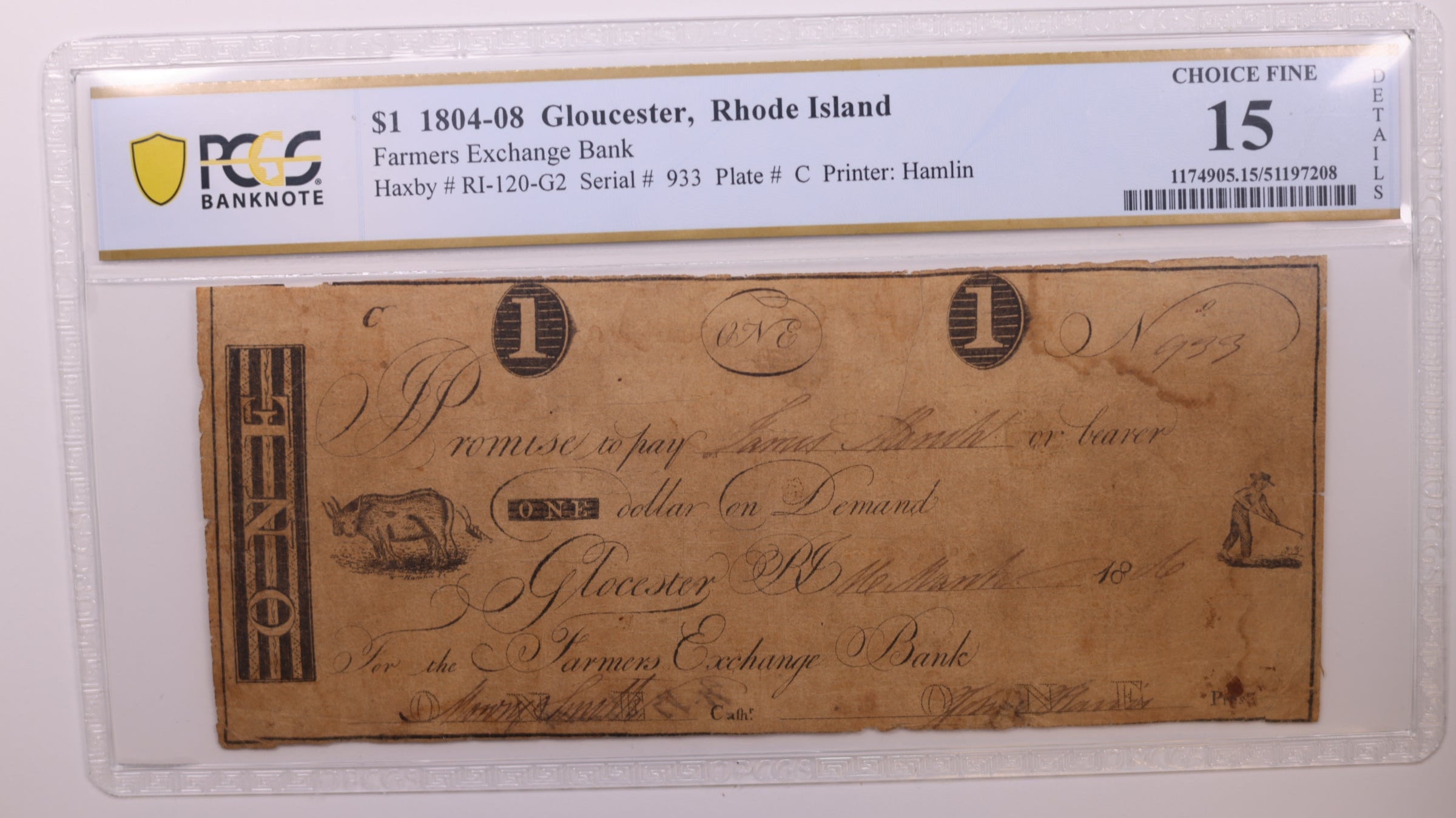 1806 $1, Gloucester, R.I.., Obsolete Currency, PCGS F15, Store #GRI002.