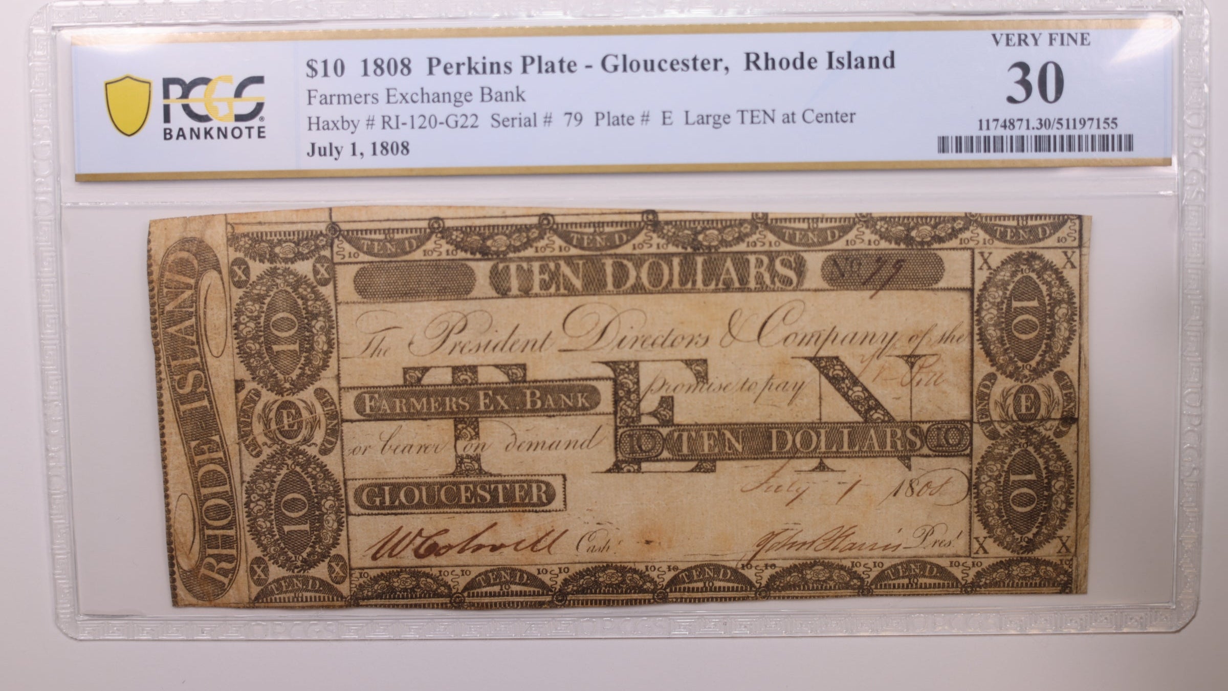 1808 $10, Gloucester, R.I.., Obsolete Currency, PCGS VF30, Store #GRI003.