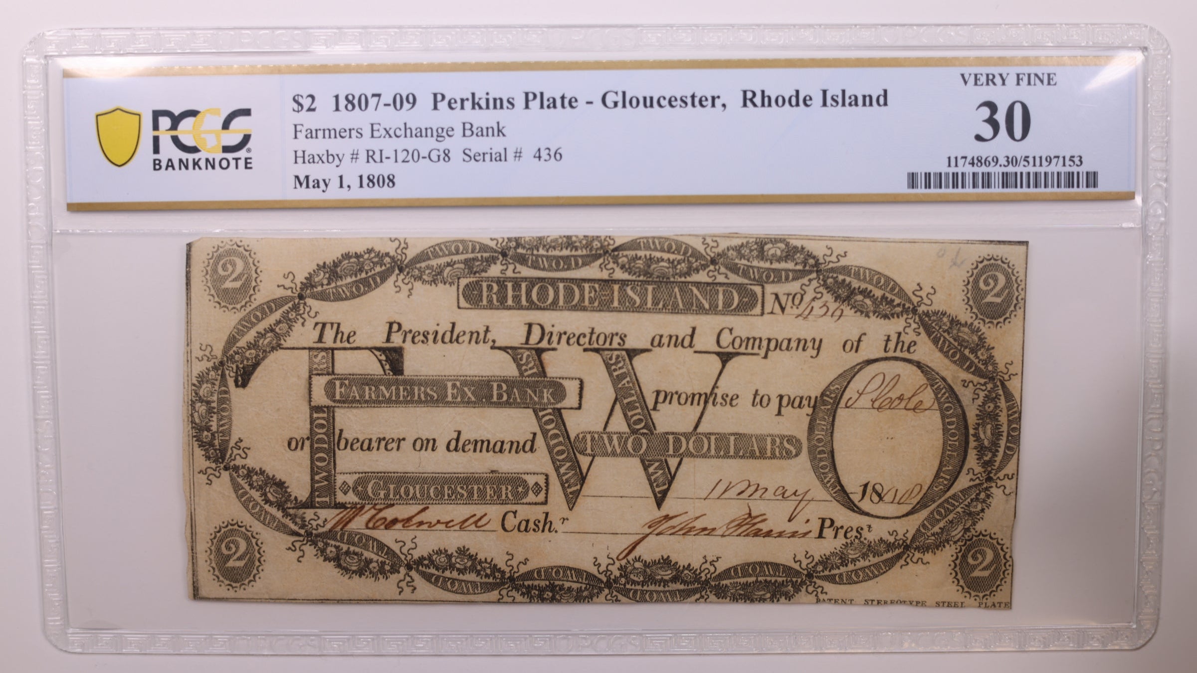 1808 $2, Gloucester, R.I.., Obsolete Currency, PCGS VF30, Store #GRI005.