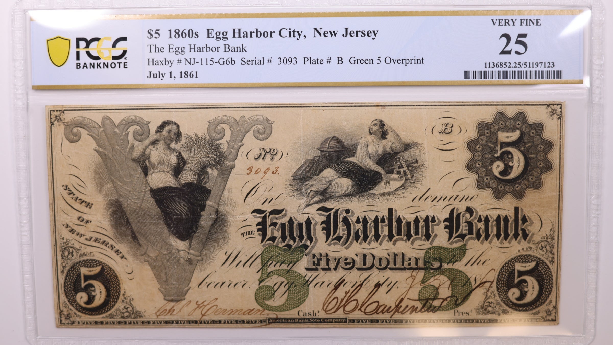 1861 $5, Egg Harbor City, N.J., Obsolete Currency, PCGS VF-25., Store #GNJ013.