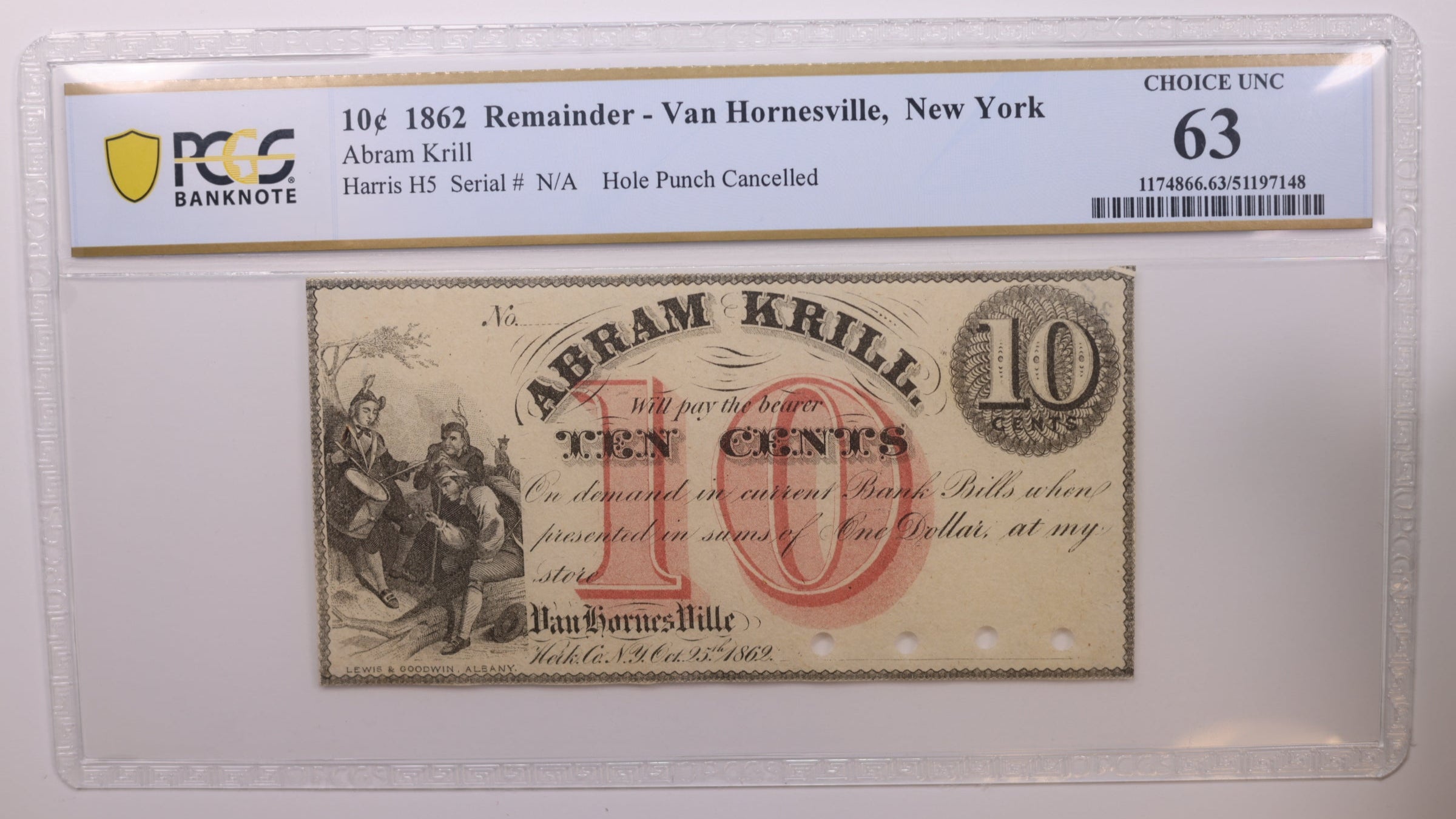 1862 10 Cent, Van HORNESVILLE, N.Y., Obsolete., PCGS CU-63., Store #GNY008.
