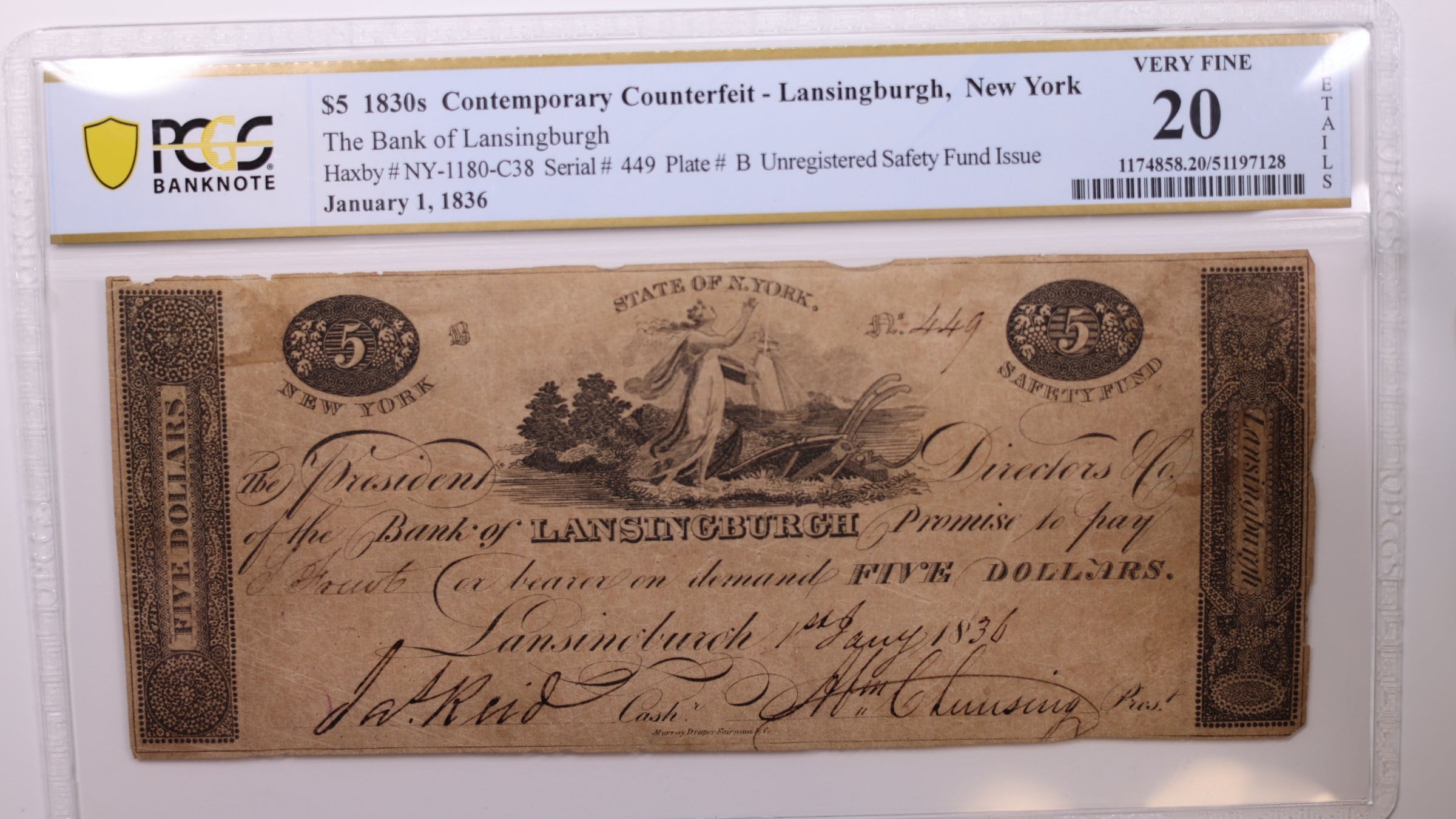 1836 $5, LANSINGBURGH, N.Y., Obsolete., PCGS VF-20., Store #GNY010.