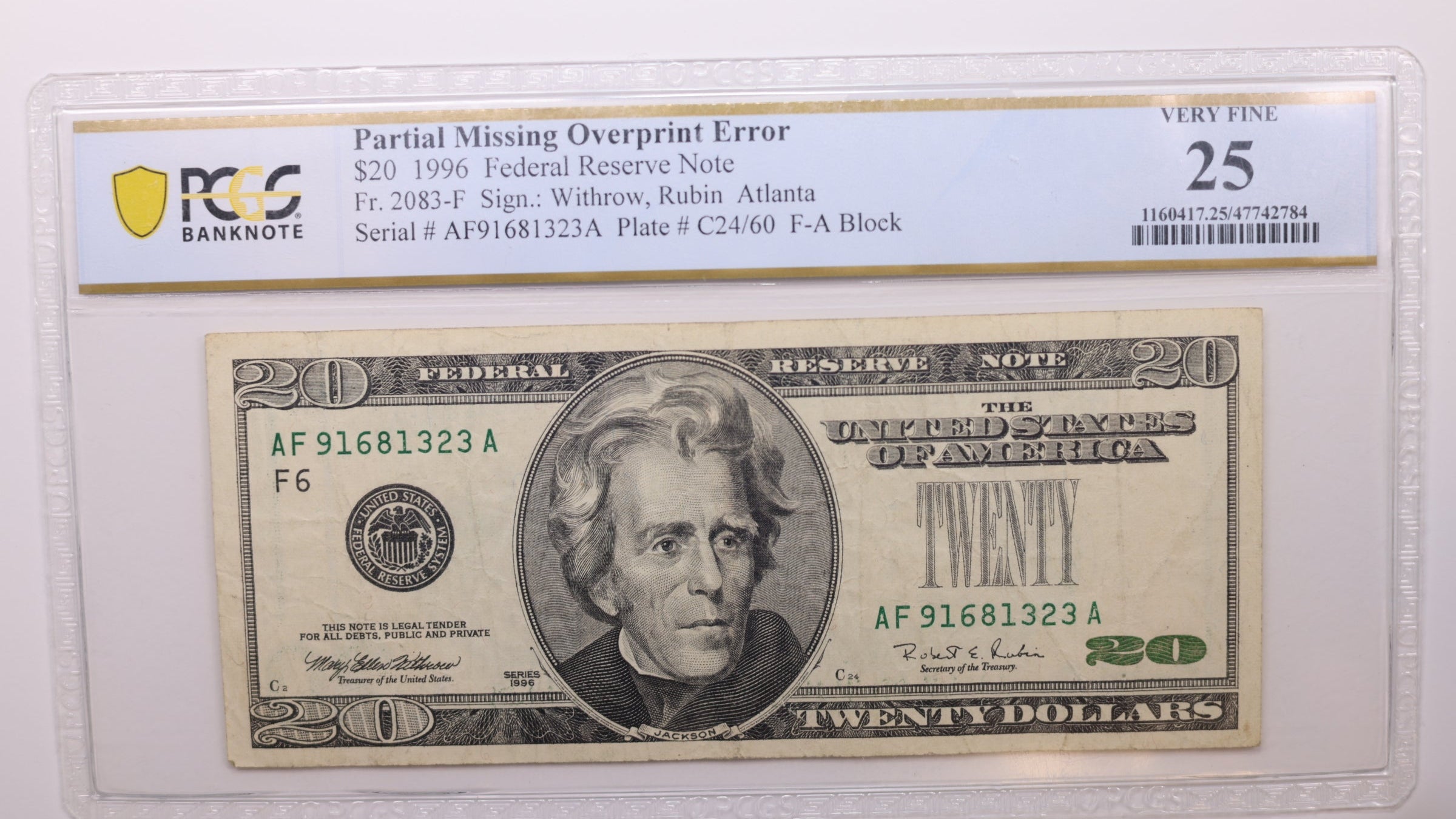 1996 $20, Federal Reserve Note, 'ERROR'., PCGS VF-25., STORE #GFRB055.