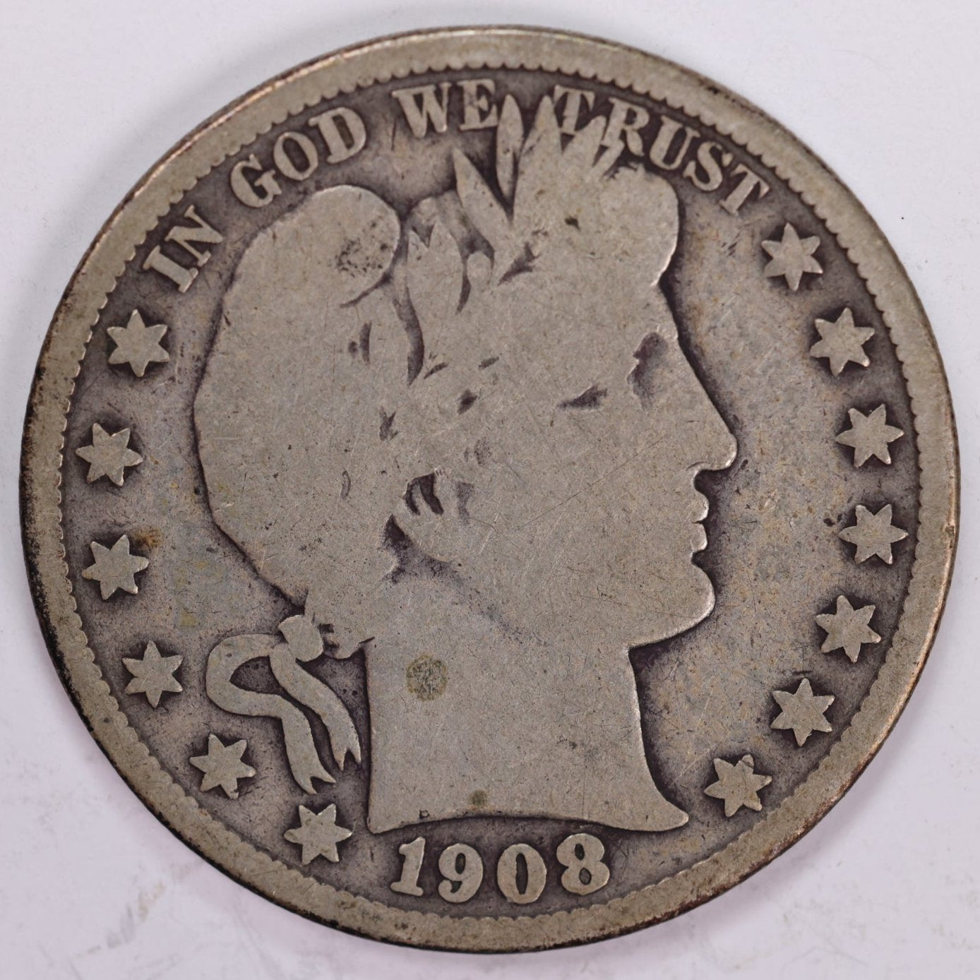 1908 Barber Half Dollar, Very Good Circulated Coin, Store #HR0910