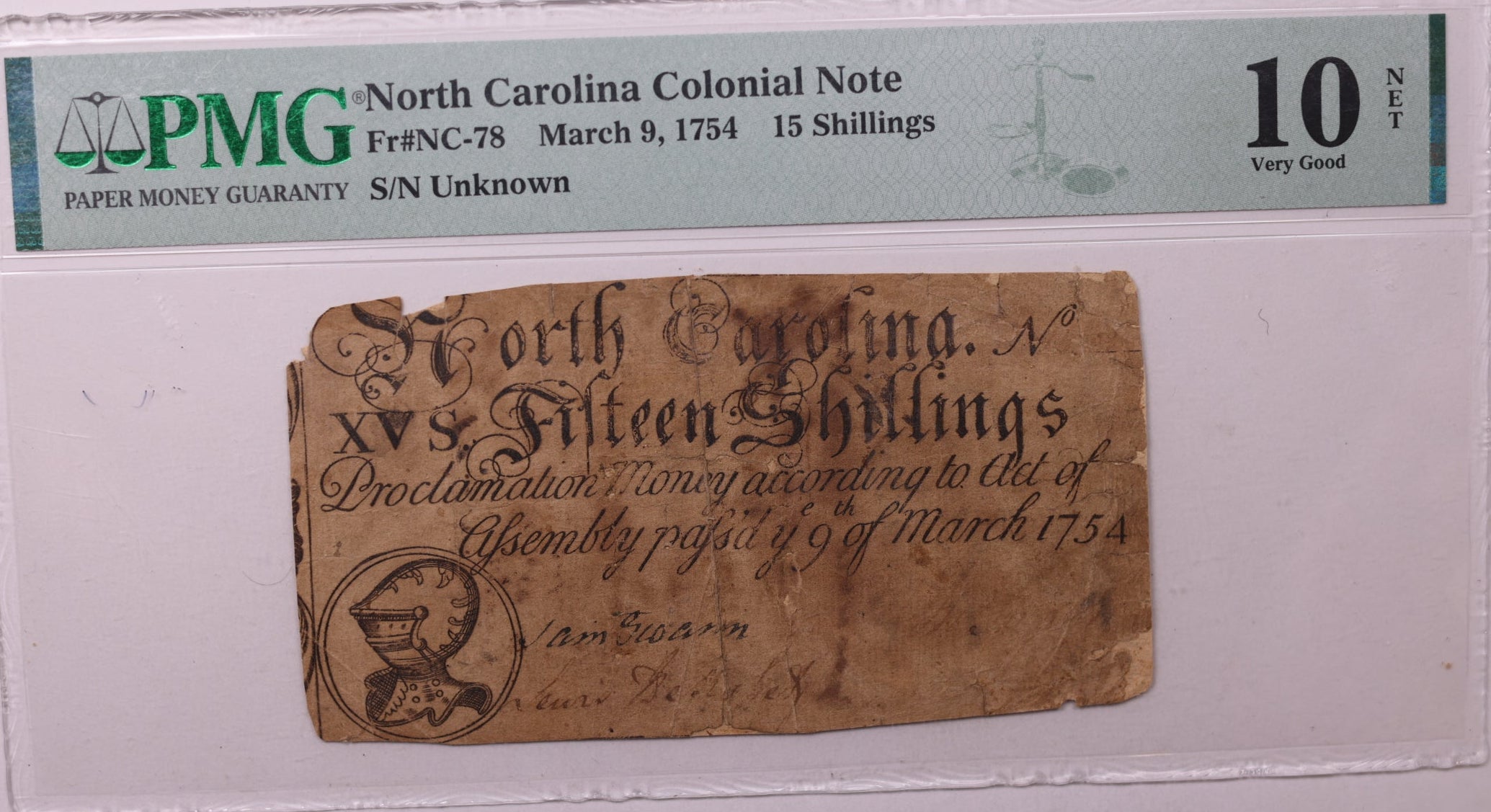 March 9, 1757, 15 Shillings, North Carolina, Colonial Note, PMG VG10, Store #GCY002.