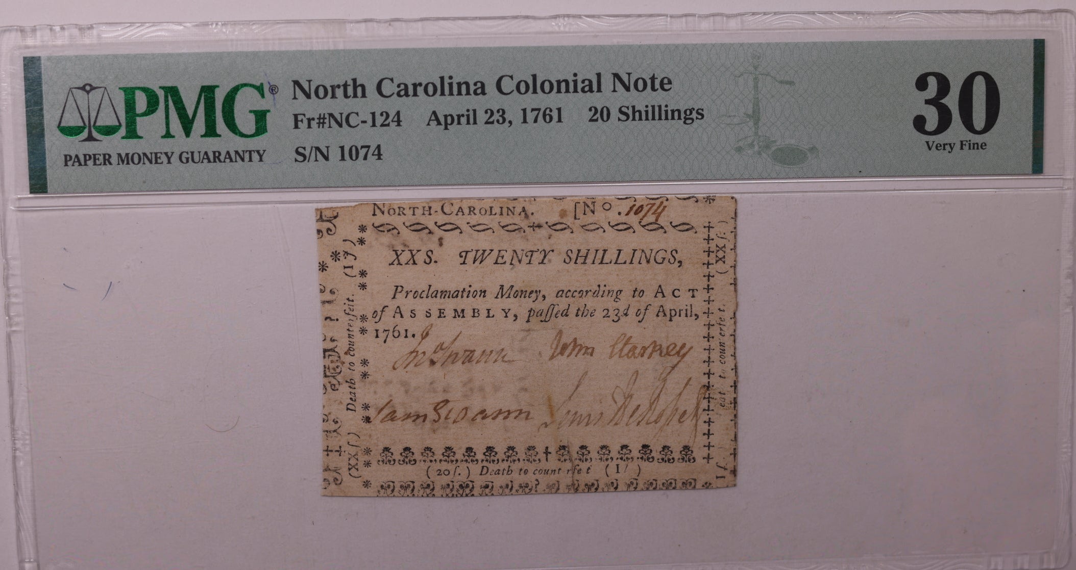 April 23, 1761, 20 Shillings. North Carolina, Colonial Note, PMG VF30, Store #GCY003.