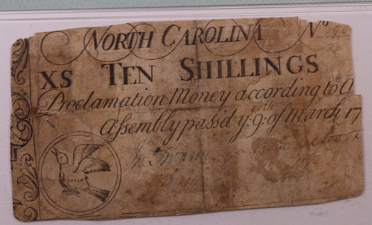 March 9, 1754, 10 Shillings. North Carolina, Colonial Note, PMG F12, Store #GCY004.