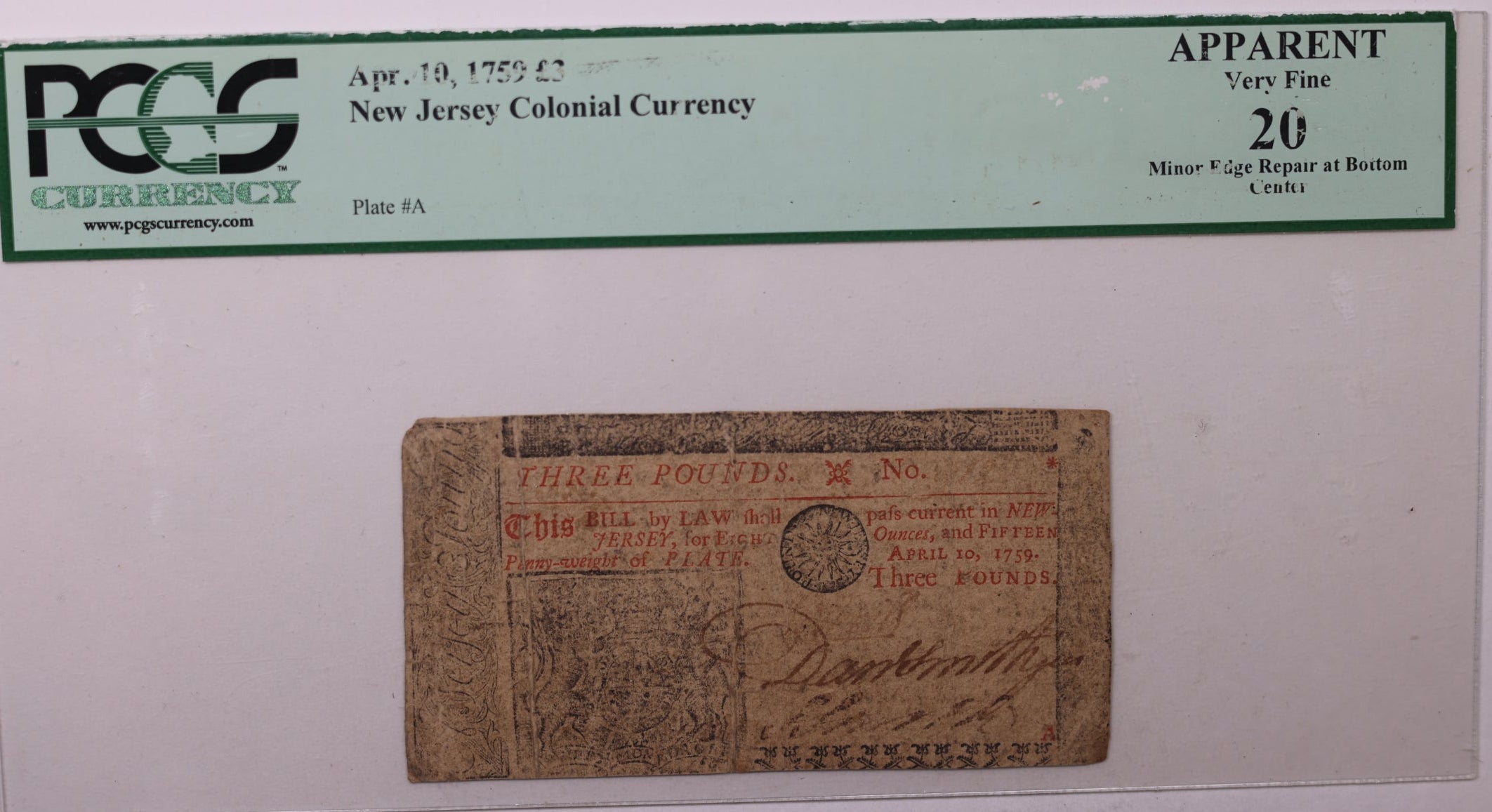 April 10, 1759, 3 Pounds. New Jersey, Colonial Note, PCGS VF20, Store #GCY005.