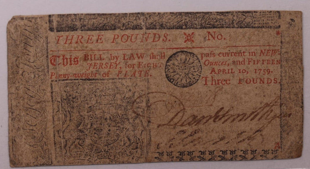 April 10, 1759, 3 Pounds. New Jersey, Colonial Note, PCGS VF20, Store #GCY005.