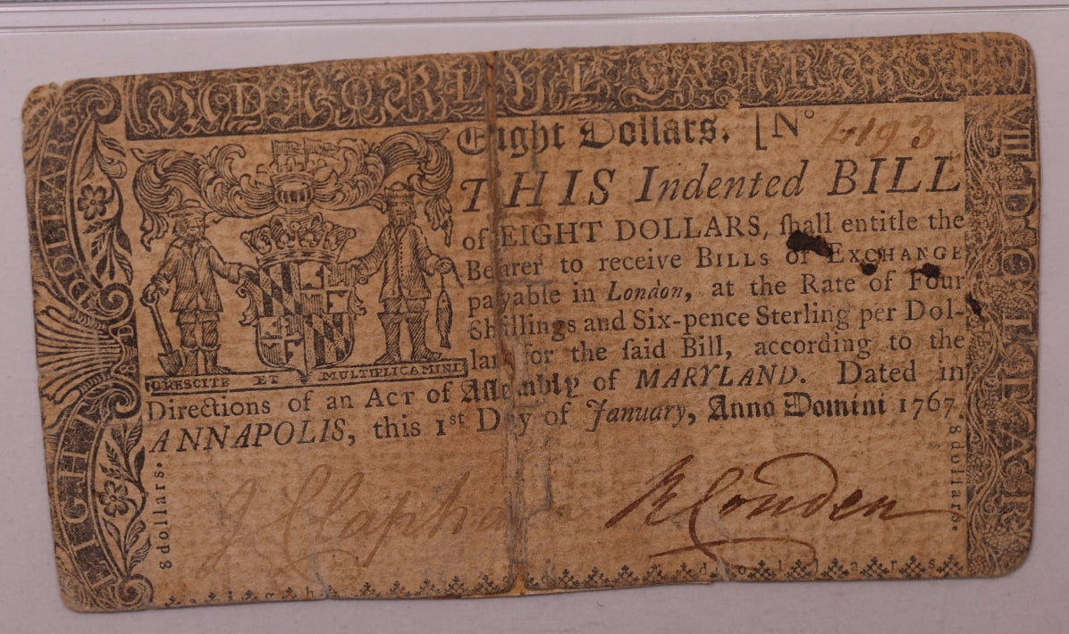 January 1, 1767, $8. Maryland, Colonial Note, PMG VF25, Store #GCY006.