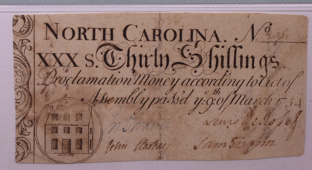 March 9, 1754, 30 Shillings. North Carolina, Colonial Note, PMG VF25, Store #GCY007.