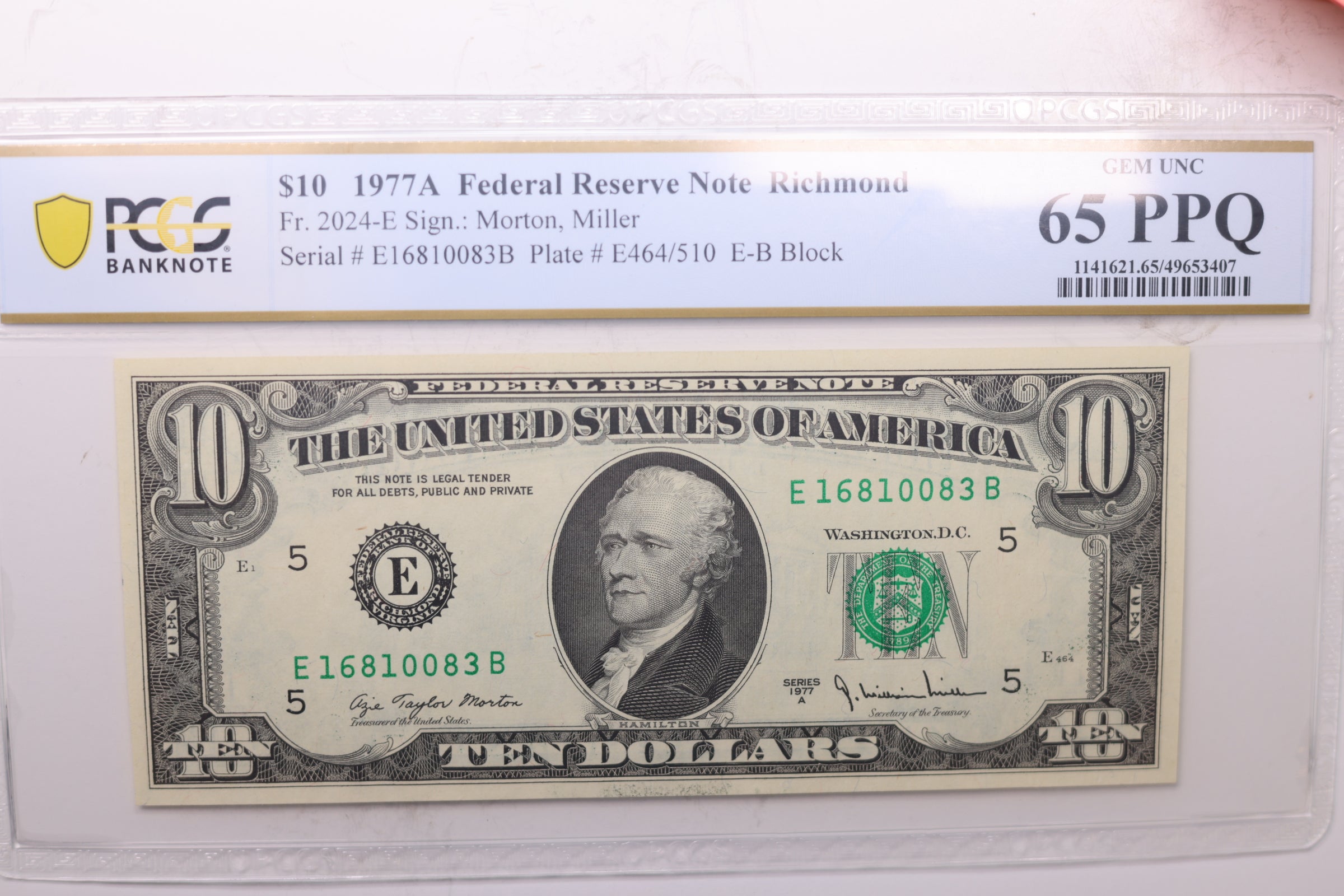 1977 A, $10 Federal Reserve Note., PCGS CU-65, PPQ., Store #GFRB019