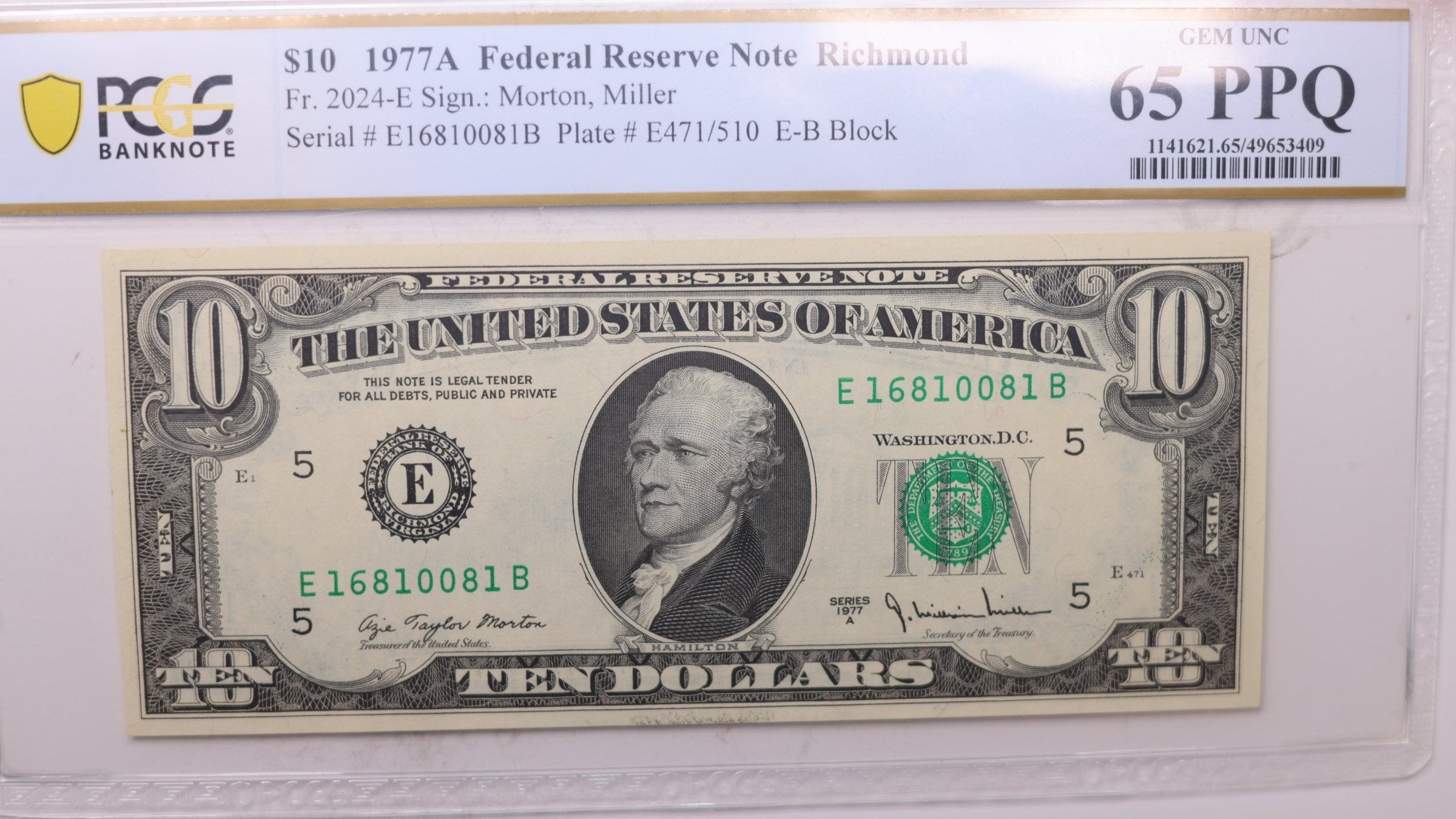 1977 A, $10 Federal Reserve Note., PCGS CU-65, PPQ., Store #GFRB020