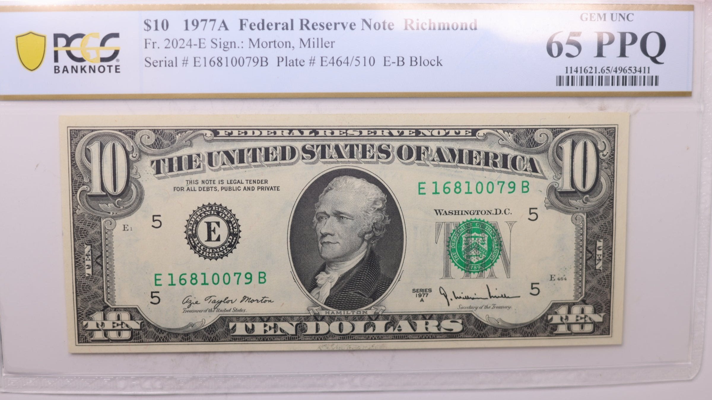 1977 A, $10 Federal Reserve Note., PCGS CU-65, PPQ., Store #GFRB021