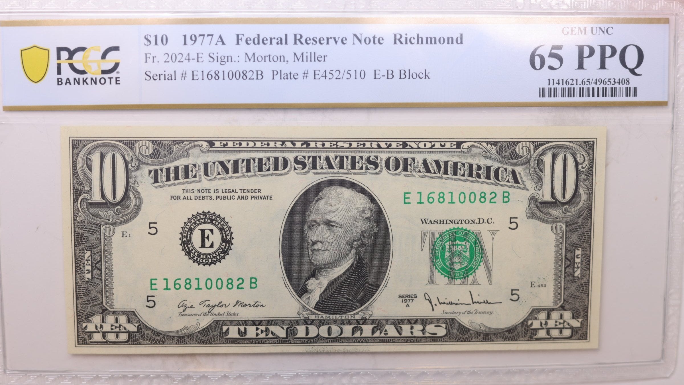 1977 A, $10 Federal Reserve Note., PCGS CU-65, PPQ., Store #GFRB024