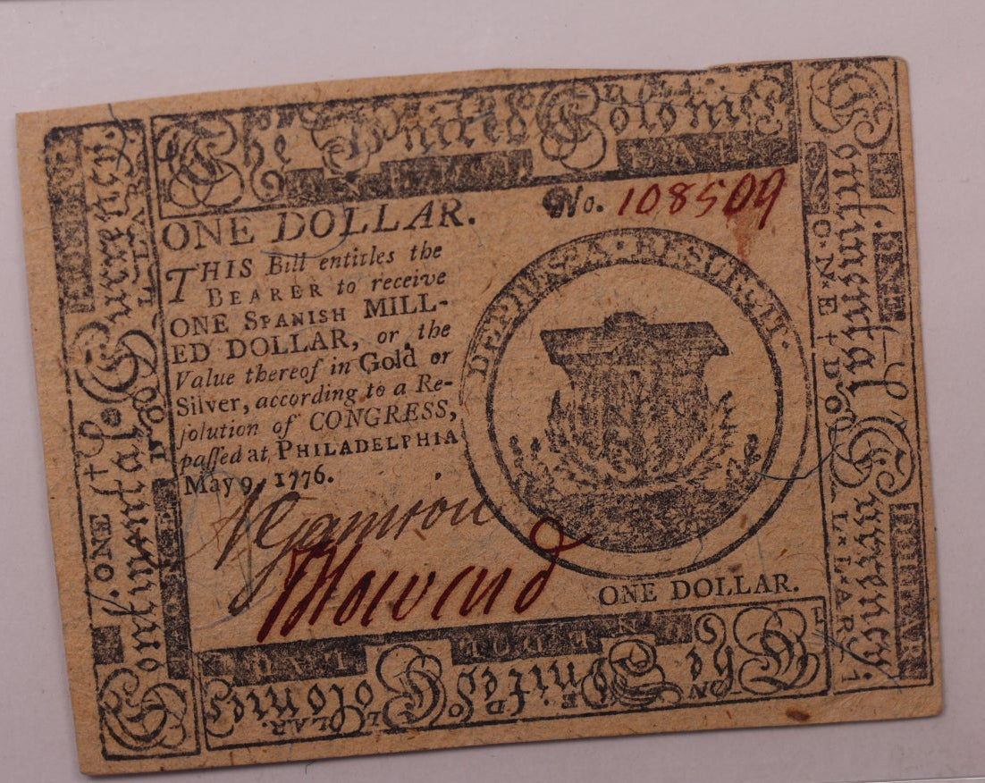 May 9, 1776, $1. Continental Colonial Note, PCGS AU-58, Store #GCY018.
