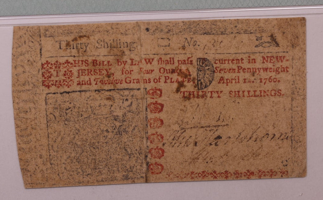 April 12, 1760, 30 Shillings. New Jersey Colonial Note, PMG VF-20, Store #GCY019.