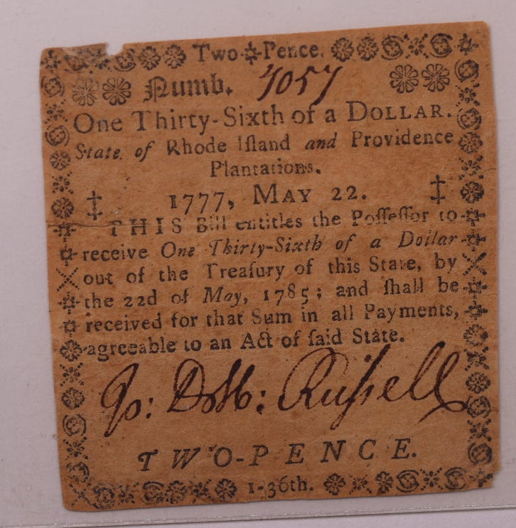 May 22, 1777, $1/36. Rhode Island Colonial Note, PCGS VF-25, Store #GCY020.