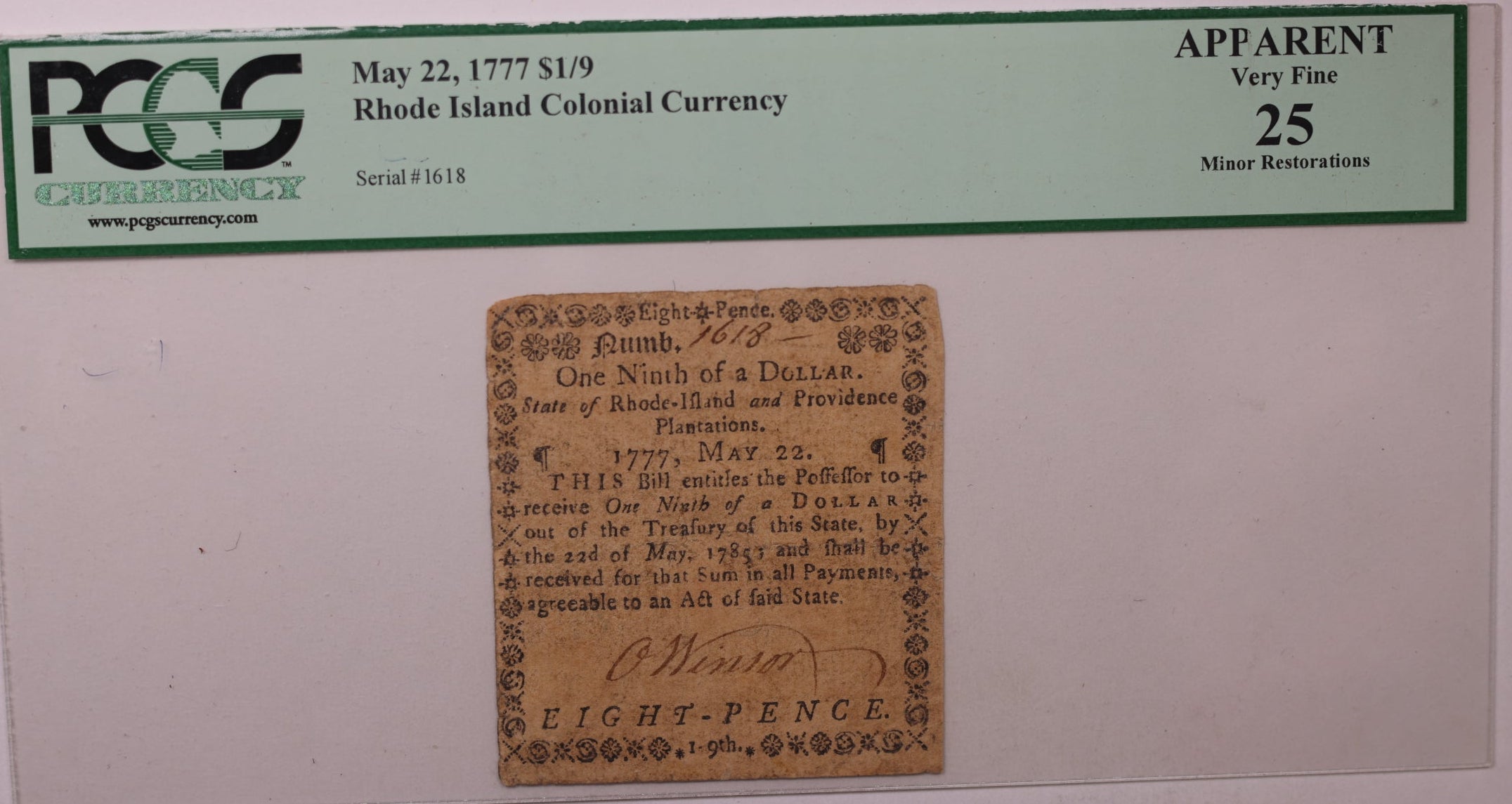 May 22, 1777, $1/9. Rhode Island Colonial Note, PCGS VF-25, Store #GCY021.