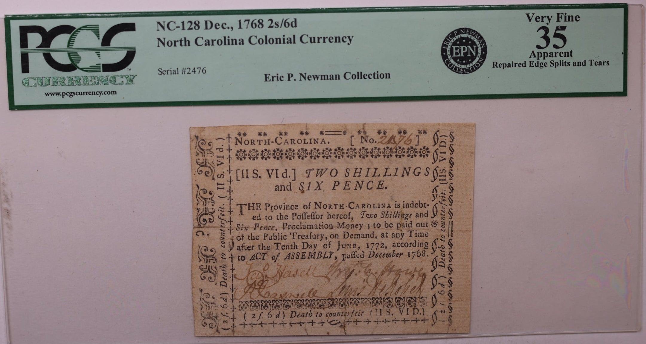 June 10, 1772, Two Shilling Six Pence, North Carolina Colonial Note, PCGS VF-35, #GCY022.