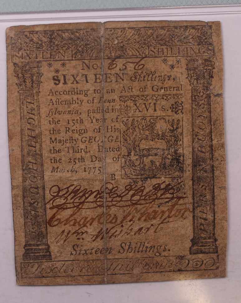March 25, 1775, 16 Shillings. Pennsylvania Colonial Note, PMG VF-25, Store #GCY025.