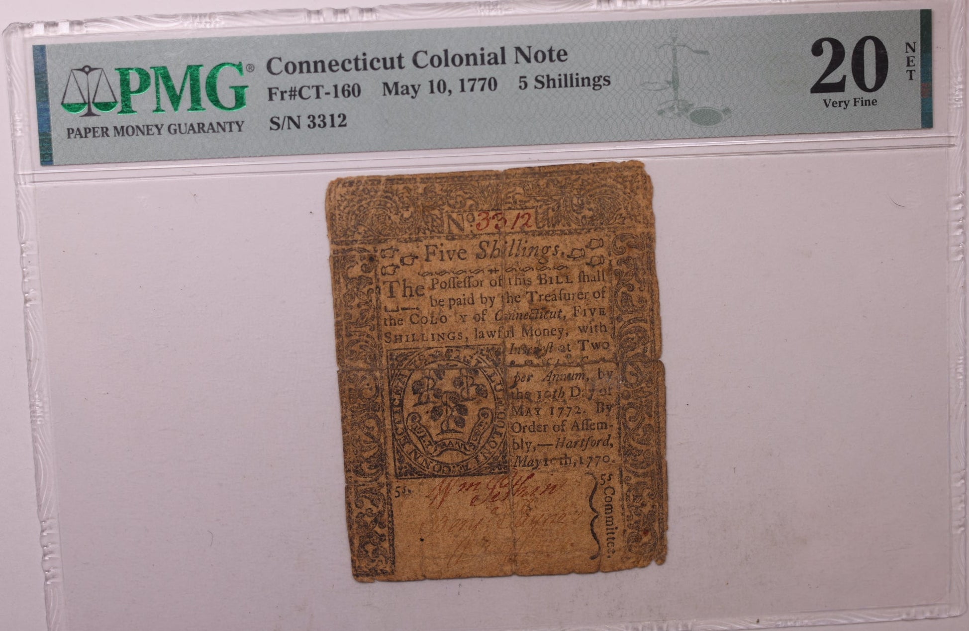 May 10, 1770, 5 Shillings. Connecticut Colonial Note, PMG VF-20, Store #GCY026.