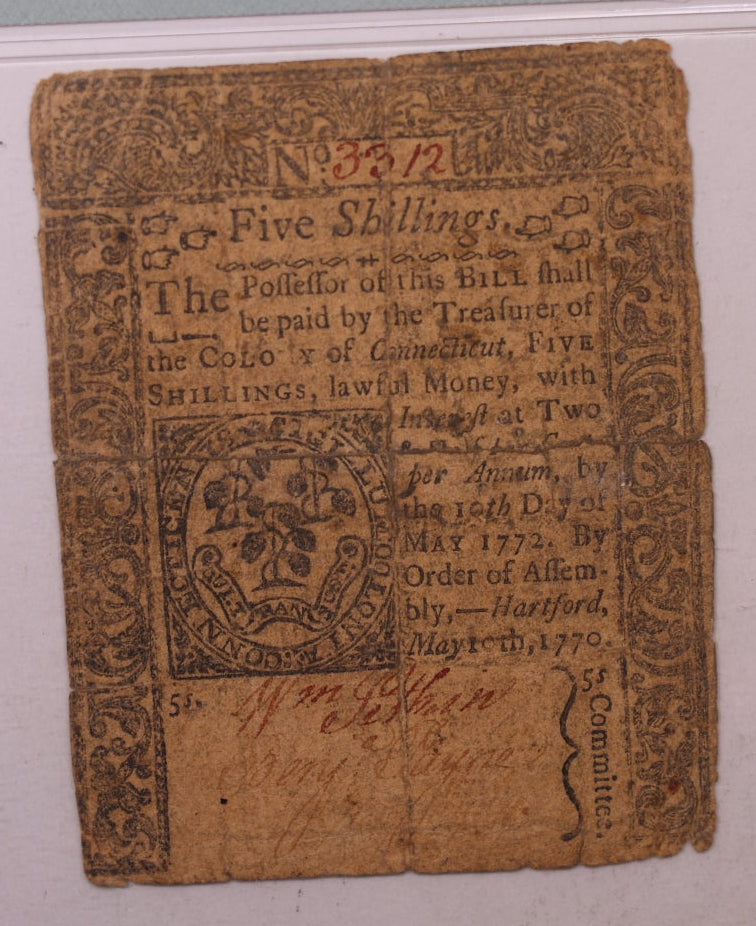 May 10, 1770, 5 Shillings. Connecticut Colonial Note, PMG VF-20, Store #GCY026.