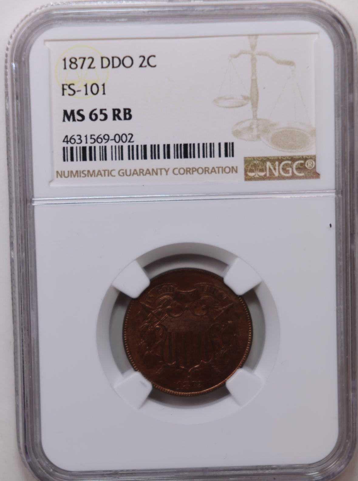 1872 Two Cent Piece, Double Die Obverse (DDO), NGC MS-65 Red/Brown, Store #G2C004.