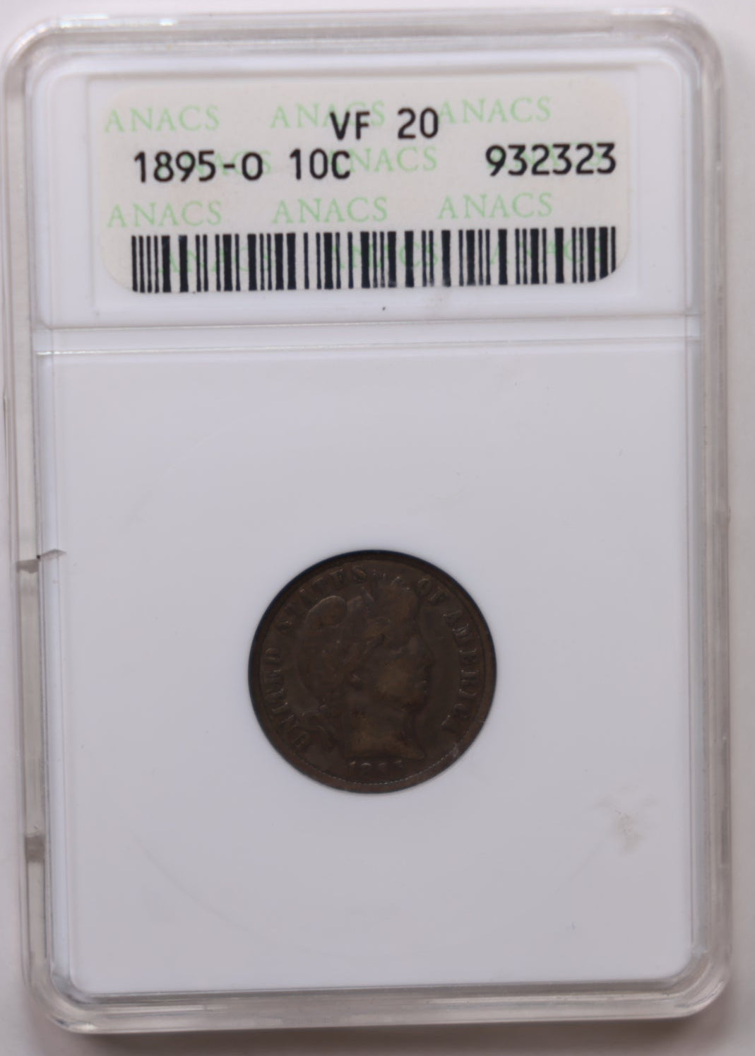 1895-O Barber Silver Dime, ANACS Soap Box, Certified VF-20. Store Sale #DE0827.