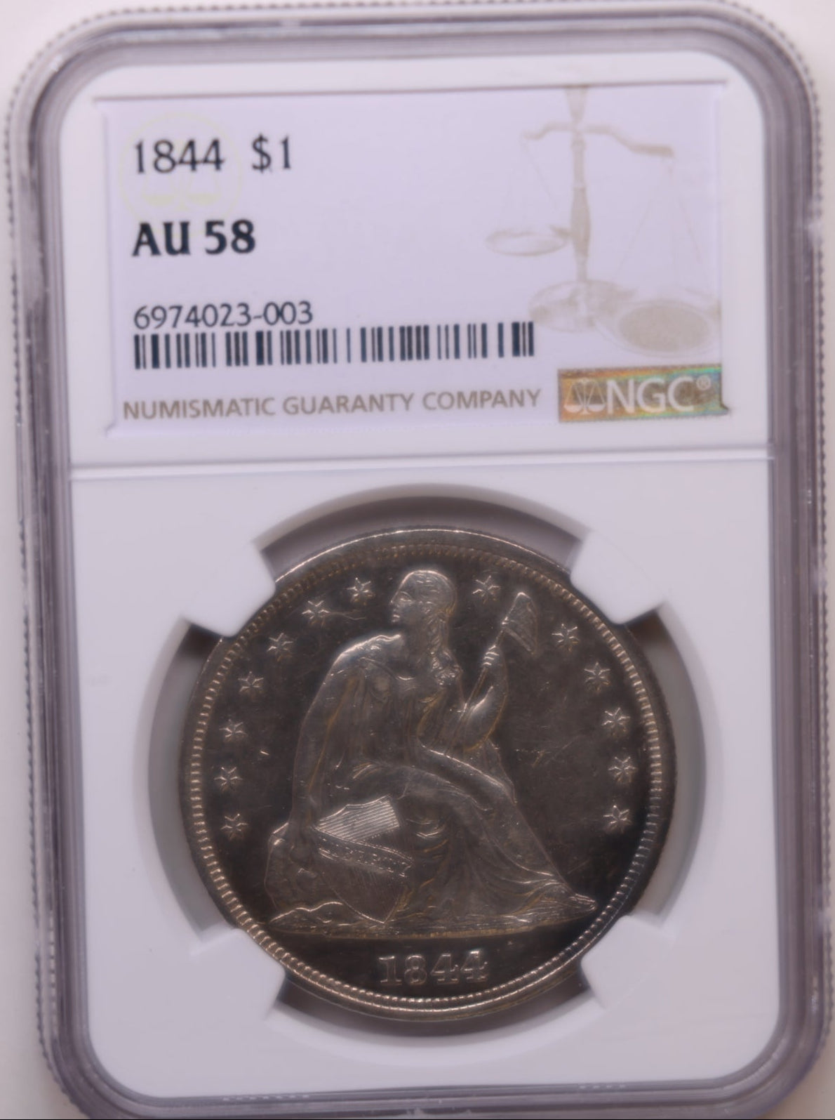 1844 Seated Liberty Silver Dollar, NGC Certified AU-58, Store #GDR0330.