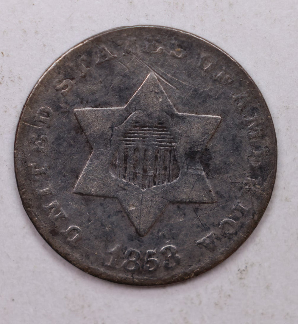 1853 Three Cent Silver, 'Tryme', Fine Circulated Coin, Store SALE #3CR006.