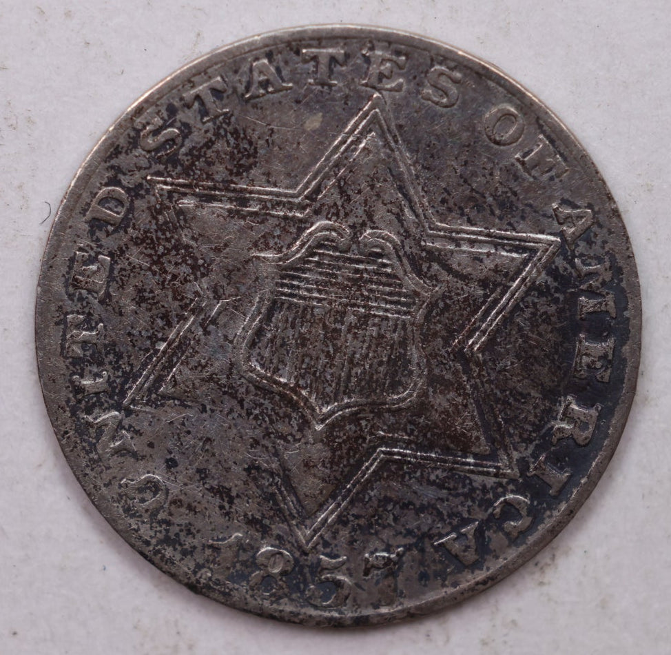 1857 Three Cent Silver, 'Tryme', Extra Fine Circulated Coin, Store SALE #3CR009.