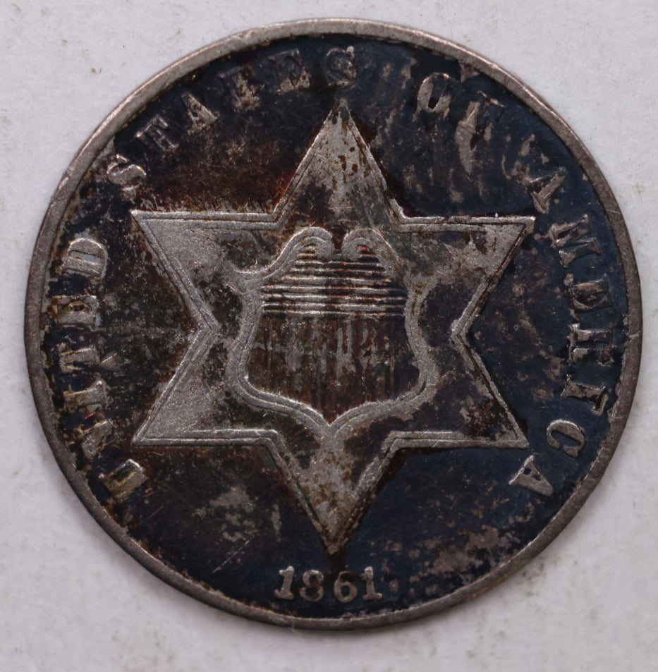 1861 Three Cent Silver, 'Tryme', Very Fine Plus, Circulated Coin, Store SALE #3CR011.