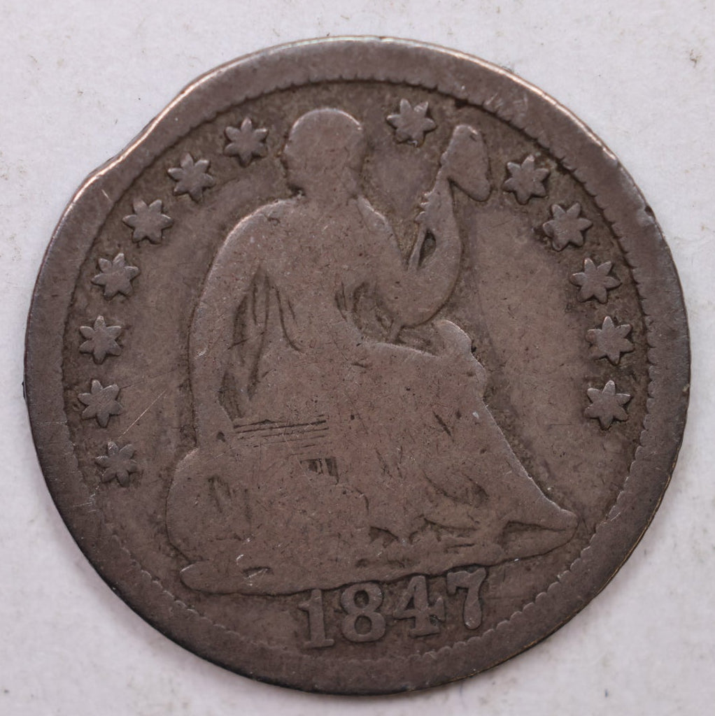 1847 Seated Liberty Half Dime, Clipped Planchet, Fine Circulated Coin, Store HDE0018
