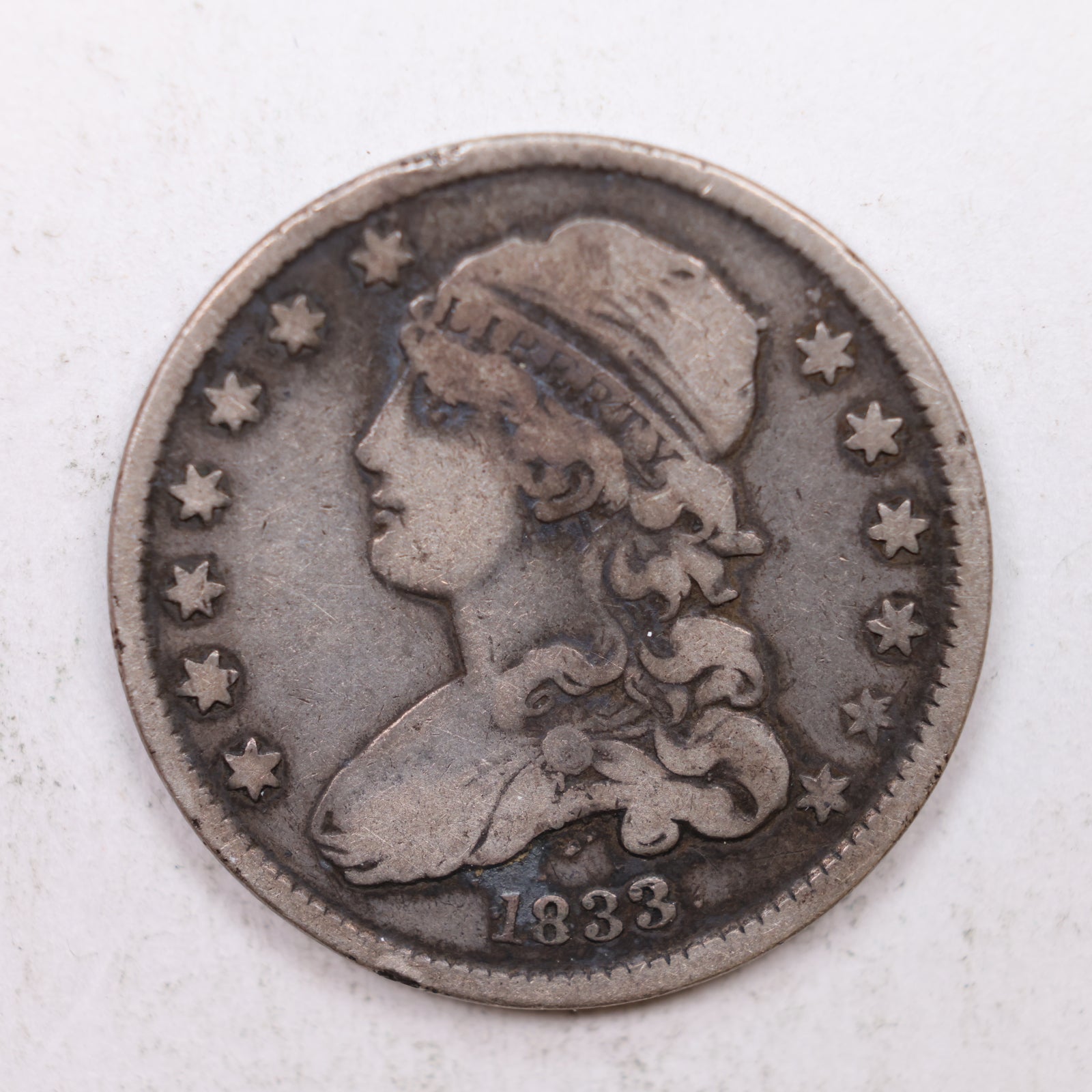 1833 Cap Bust Silver Quarter., Fine Plus Circulated Collectible Coin., Store#QR1252.