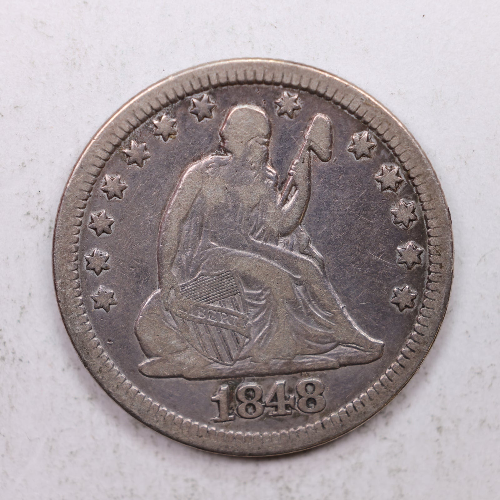 1848/48 Seated Liberty Quarter, Very Fine Circulated Collectible Coin, Store #QR1256.
