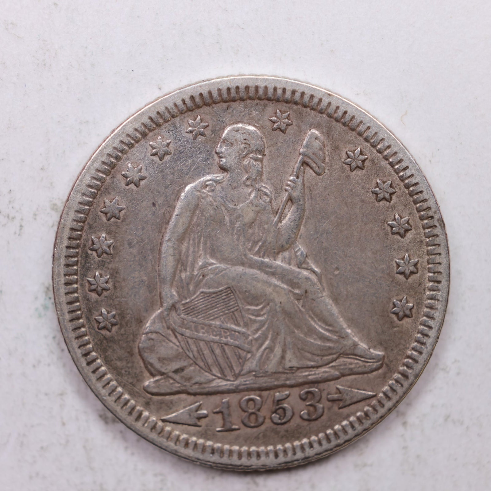 1853 Seated Liberty Quarter, About Uncirculated Collectible Coin, Store #QR1262.