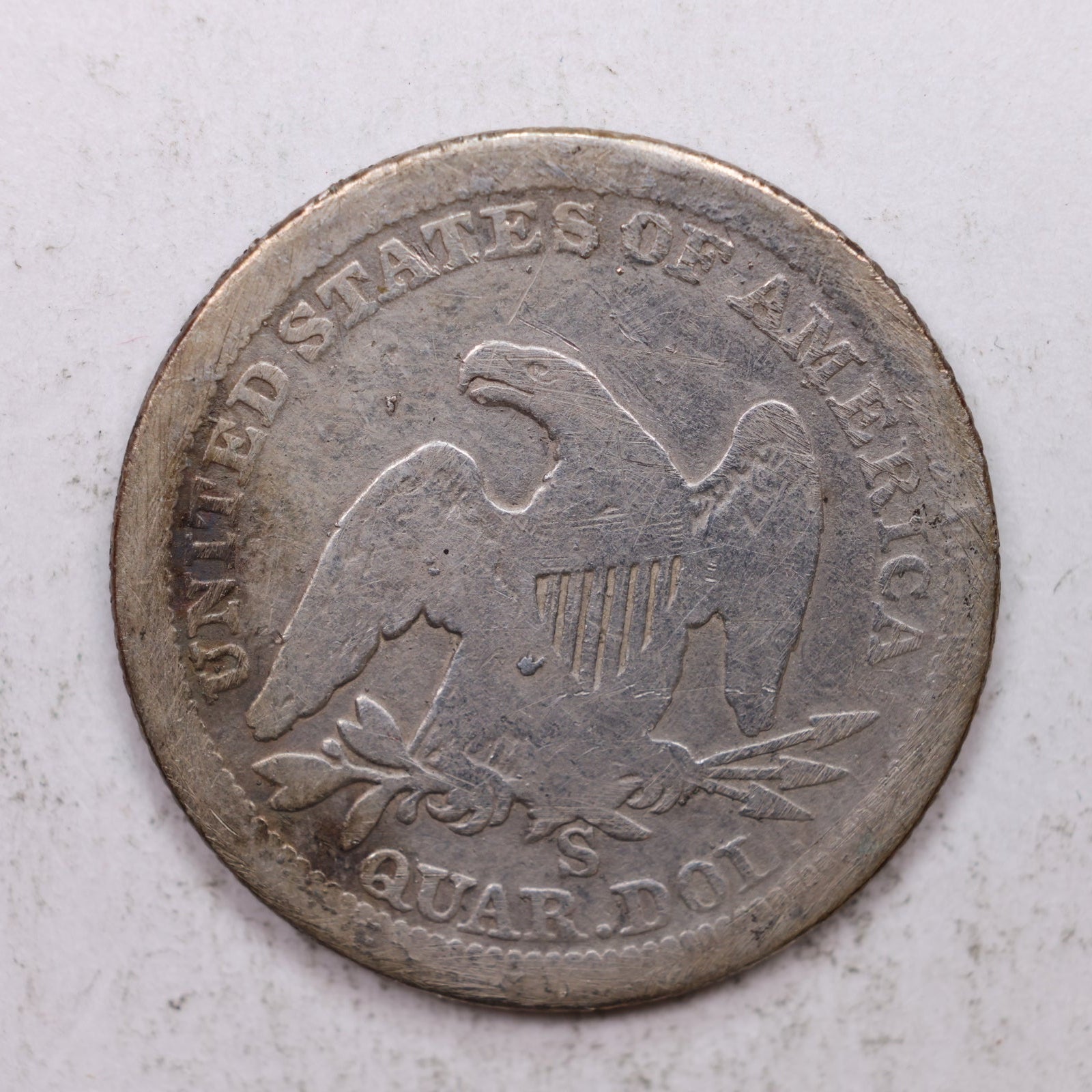 1865-S Seated Liberty Quarter, Very Good Circulated Collectible Coin, Store #QR1272.