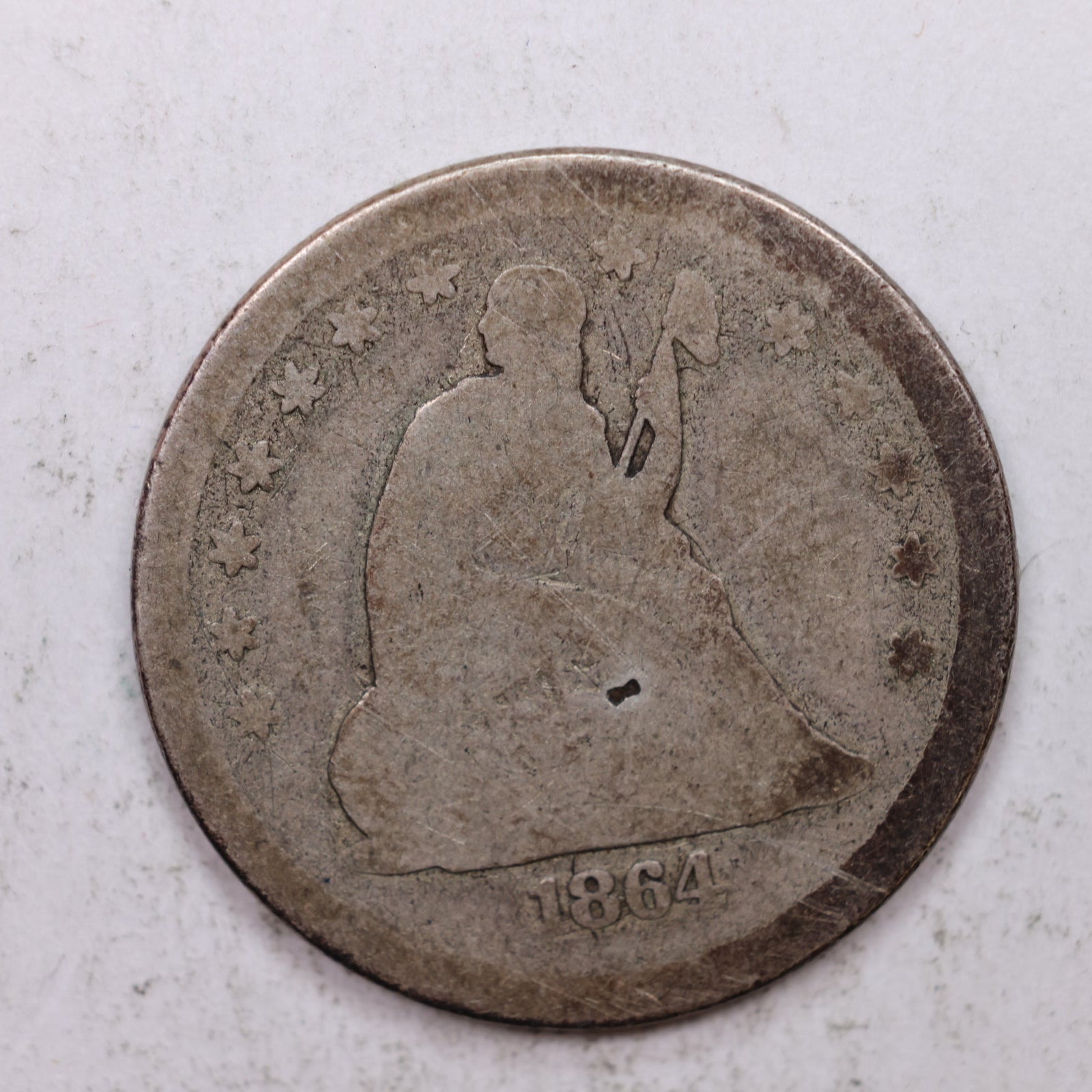 1864-S Seated Liberty Quarter, Good Circulated Collectible Coin, Store #QR1273.