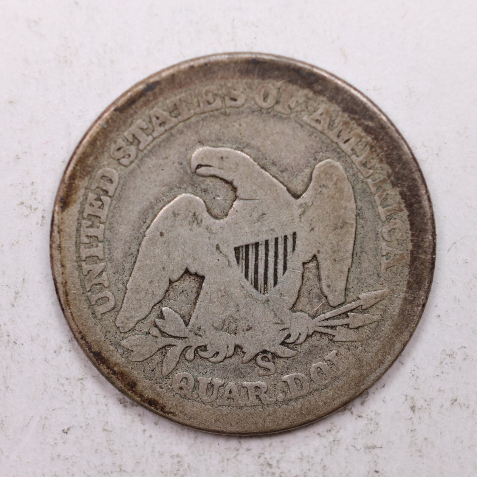 1864-S Seated Liberty Quarter, Good Circulated Collectible Coin, Store #QR1273.