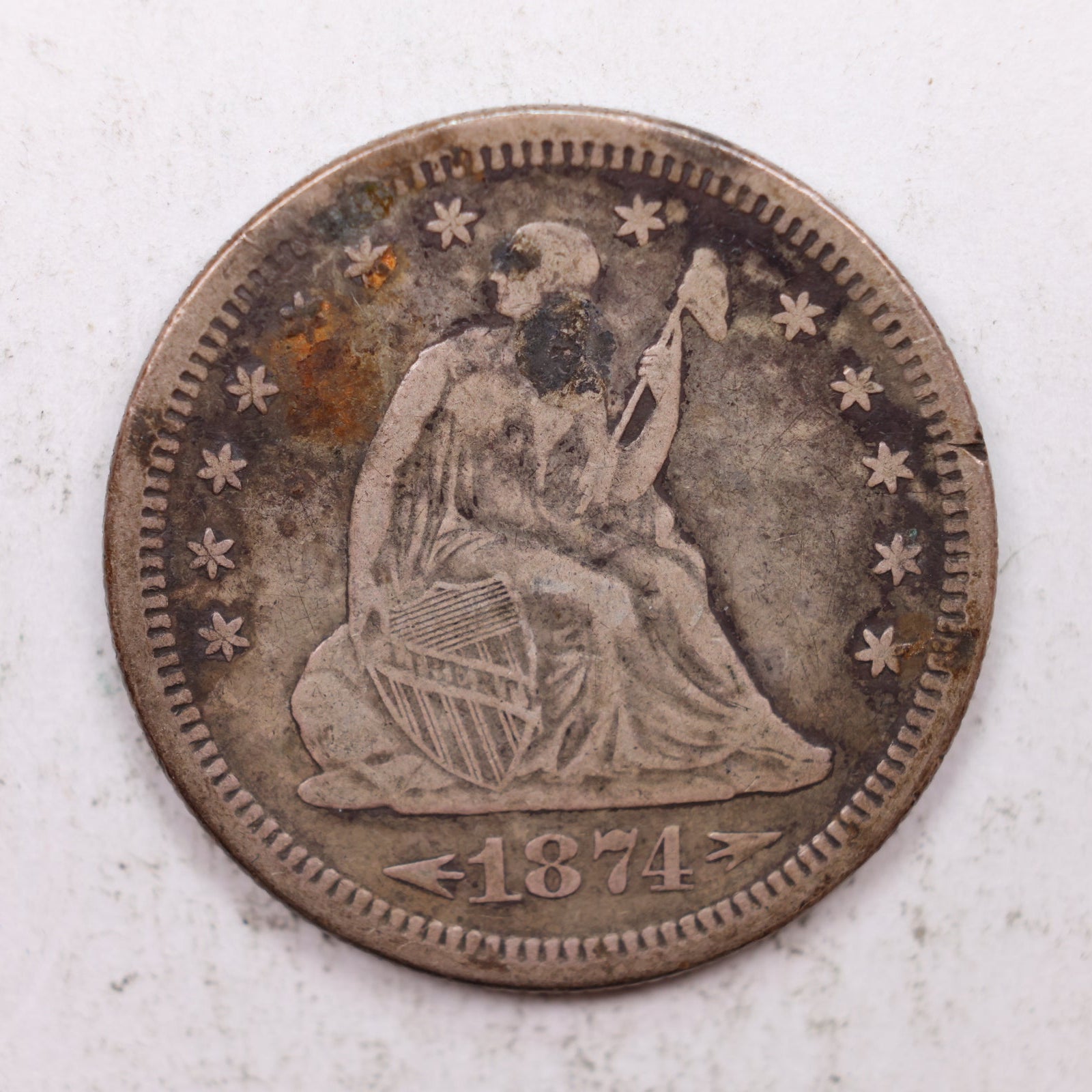 1874-S Seated Liberty Quarter, Very Fine Plus Circulated Collectible Coin, Store #QR1283.