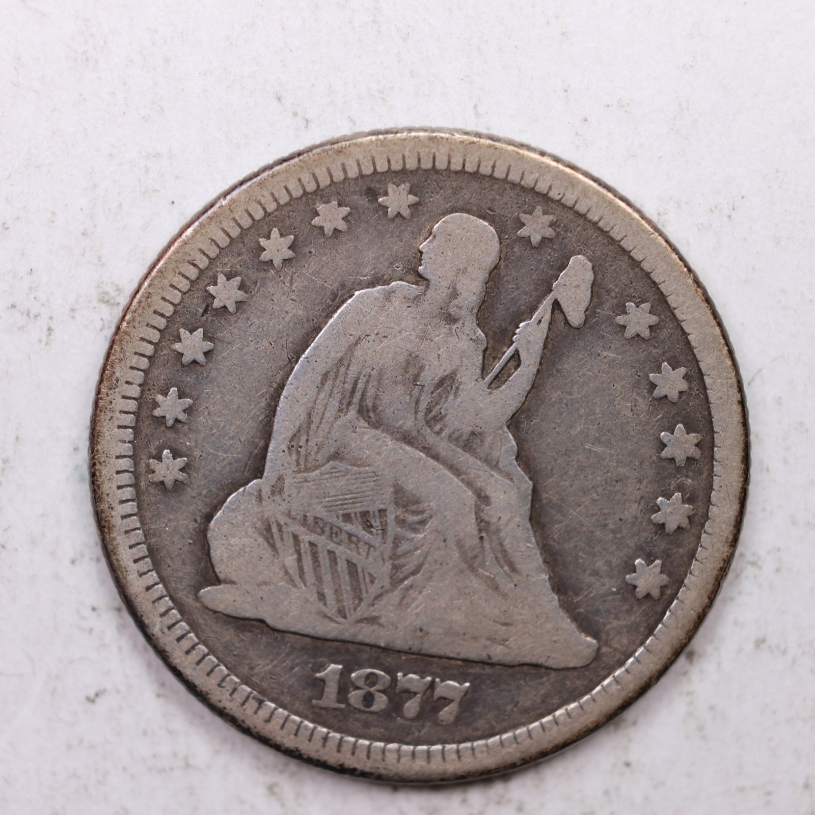 1877 Seated Liberty Quarter, Fine Circulated Collectible Coin, Store #QR1286.