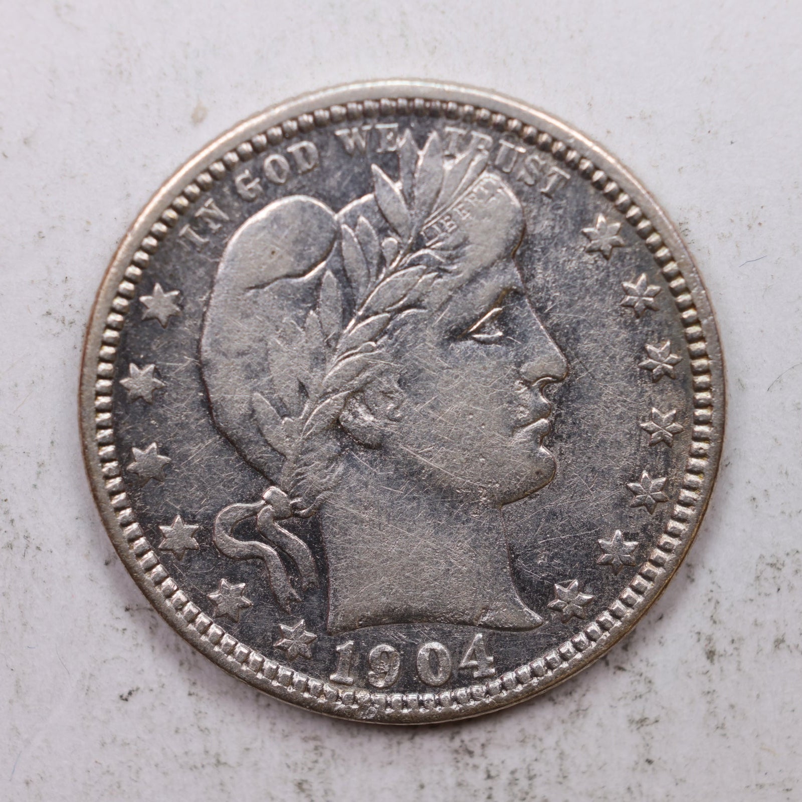 1904-O Barber Silver Quarter, Extra Fine Circulated Collectible Coin, Store #QR1326.