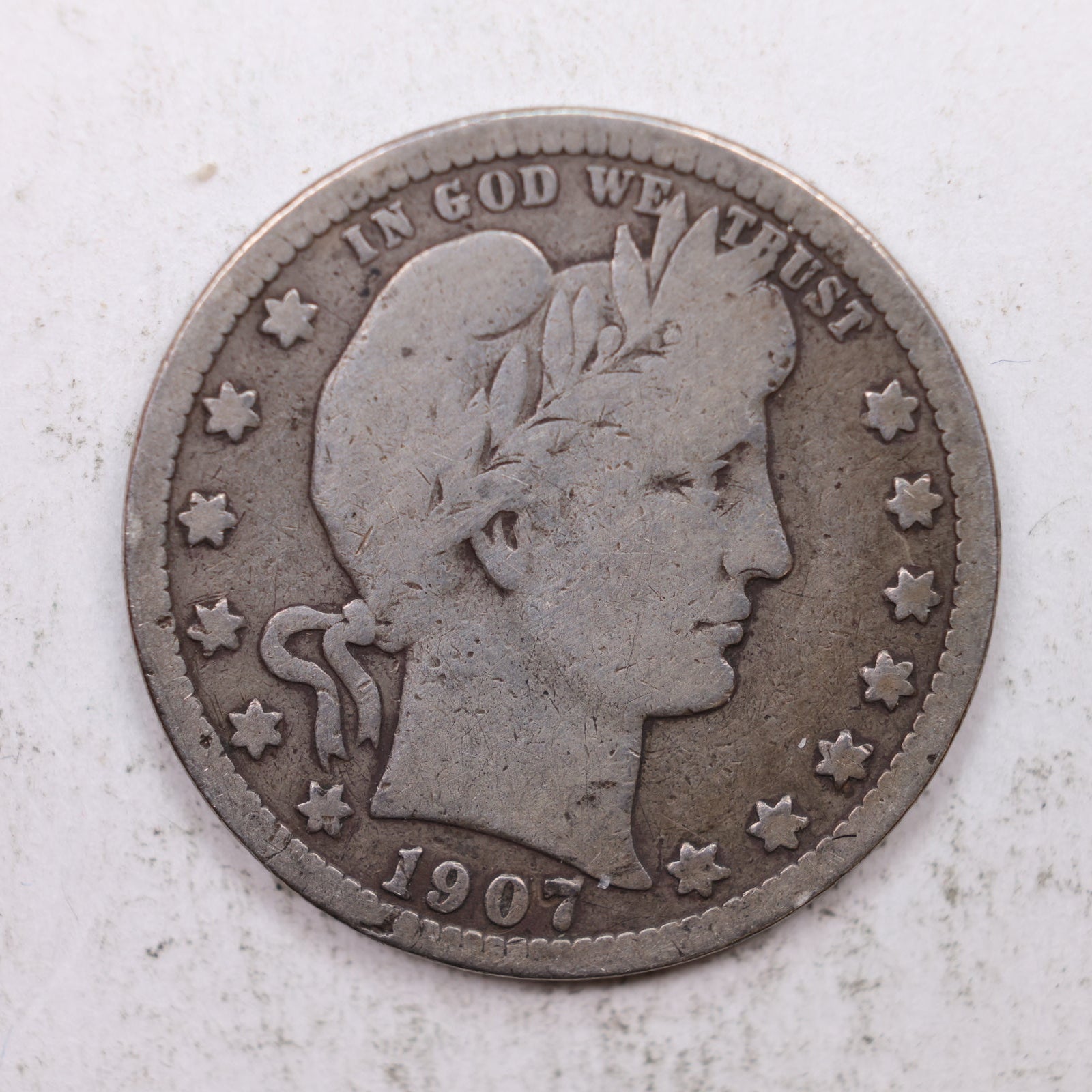 1907-S Barber Silver Quarter, Very Good Circulated Collectible Coin, Store #QR1327.