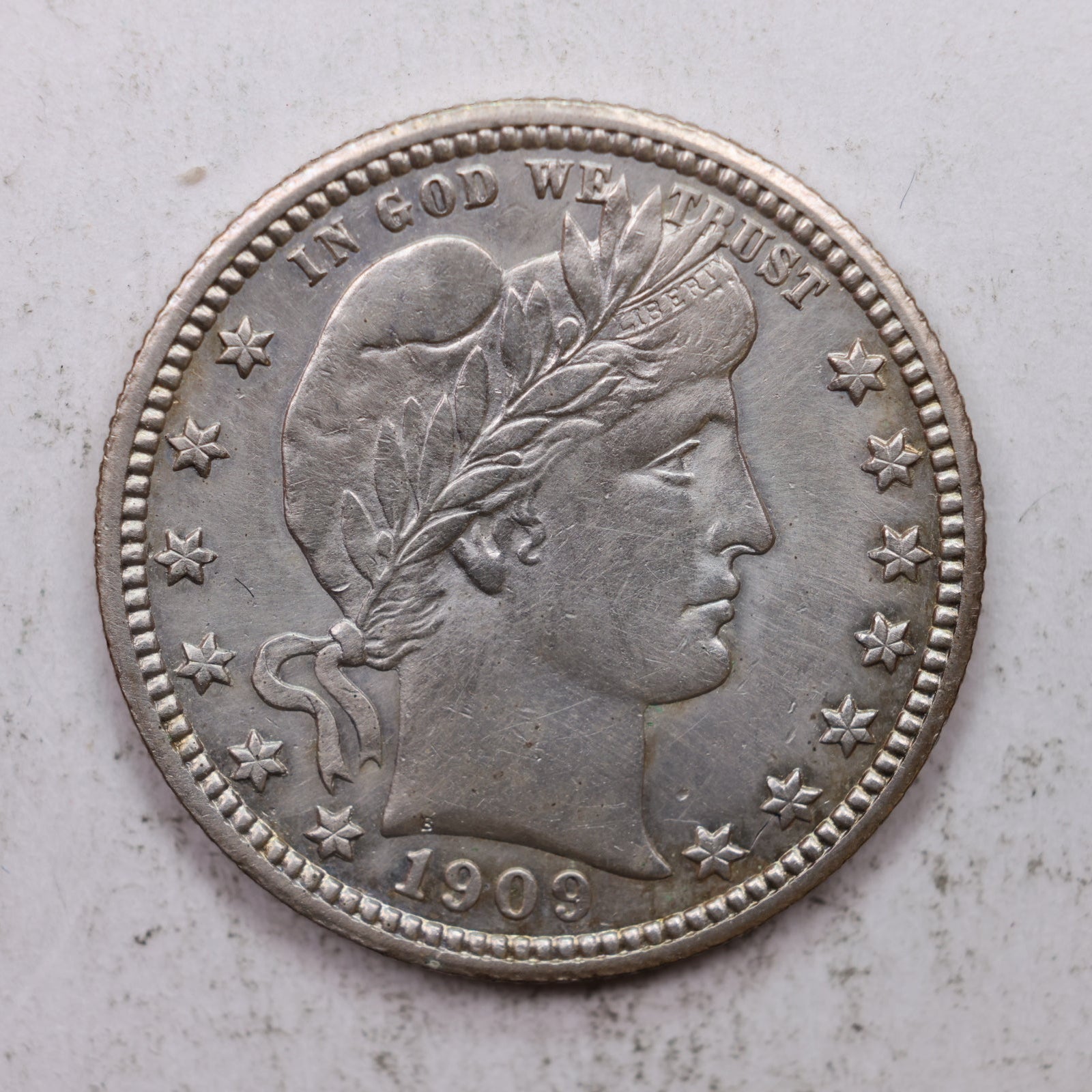 1909 Barber Silver Quarter, Mint State Uncirculated Collectible Coin, Store #QR1335.